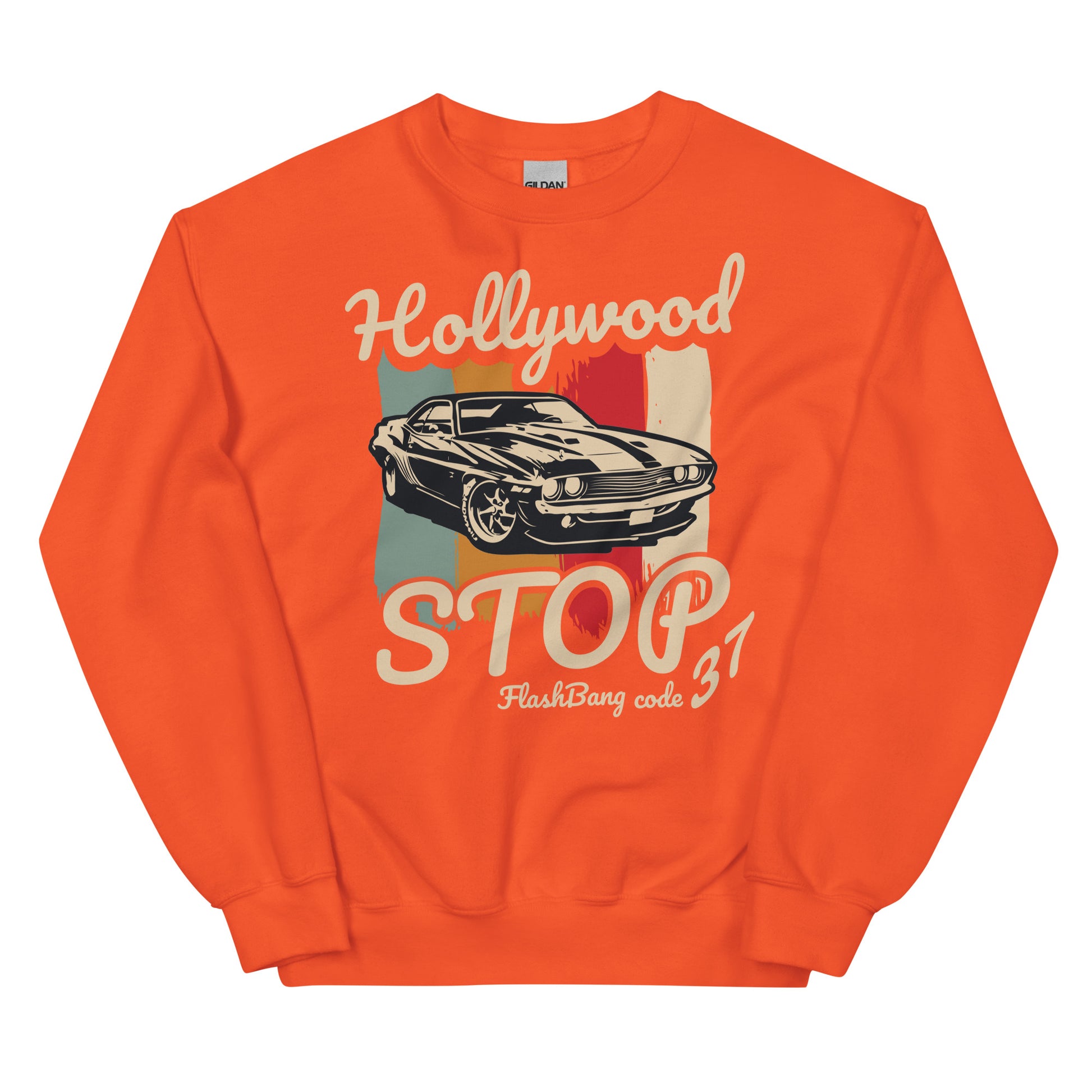 Orange sweatshirt with car graphic and text on a white background