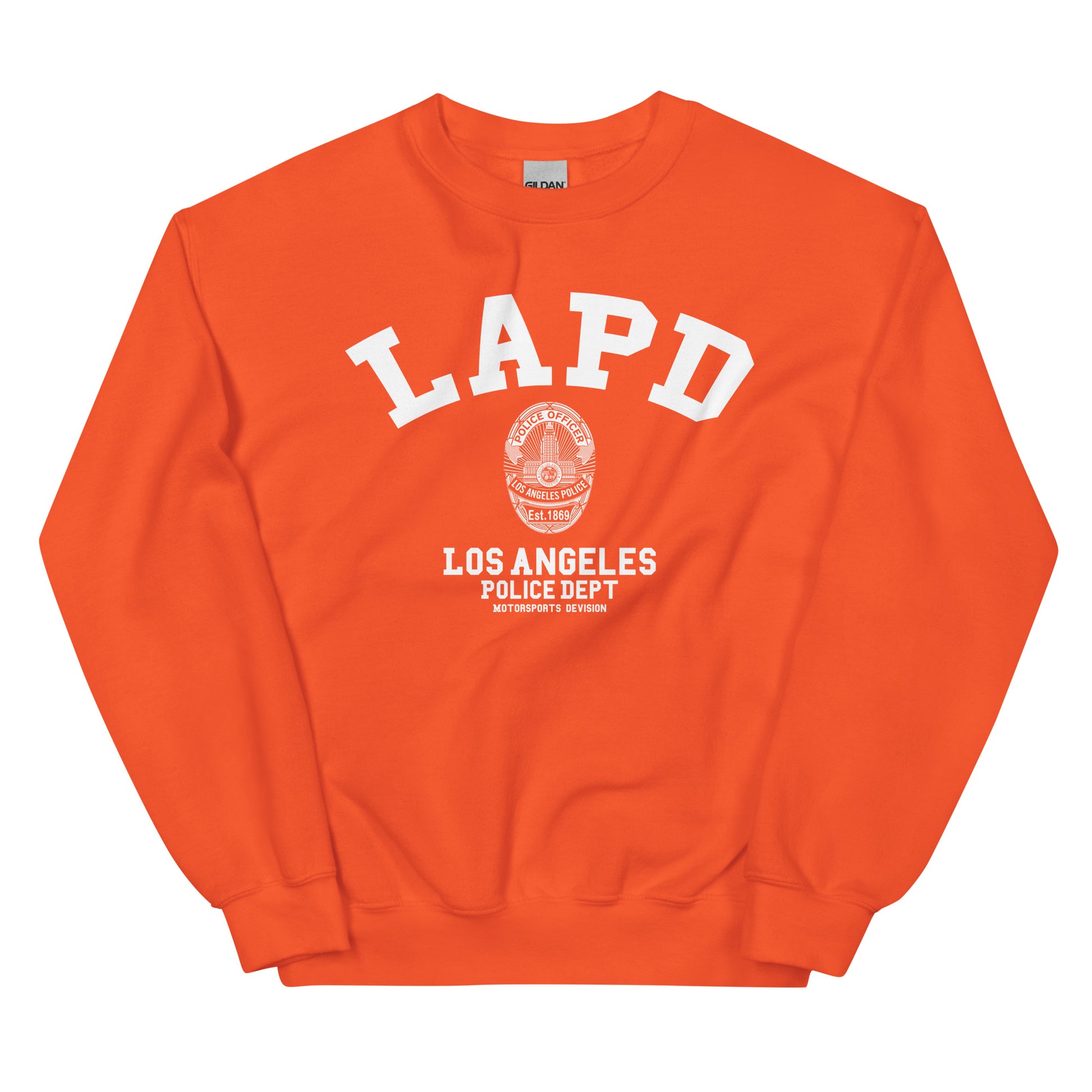 Orange sweatshirt with LAPD Los Angeles Police Dept logo on a white background