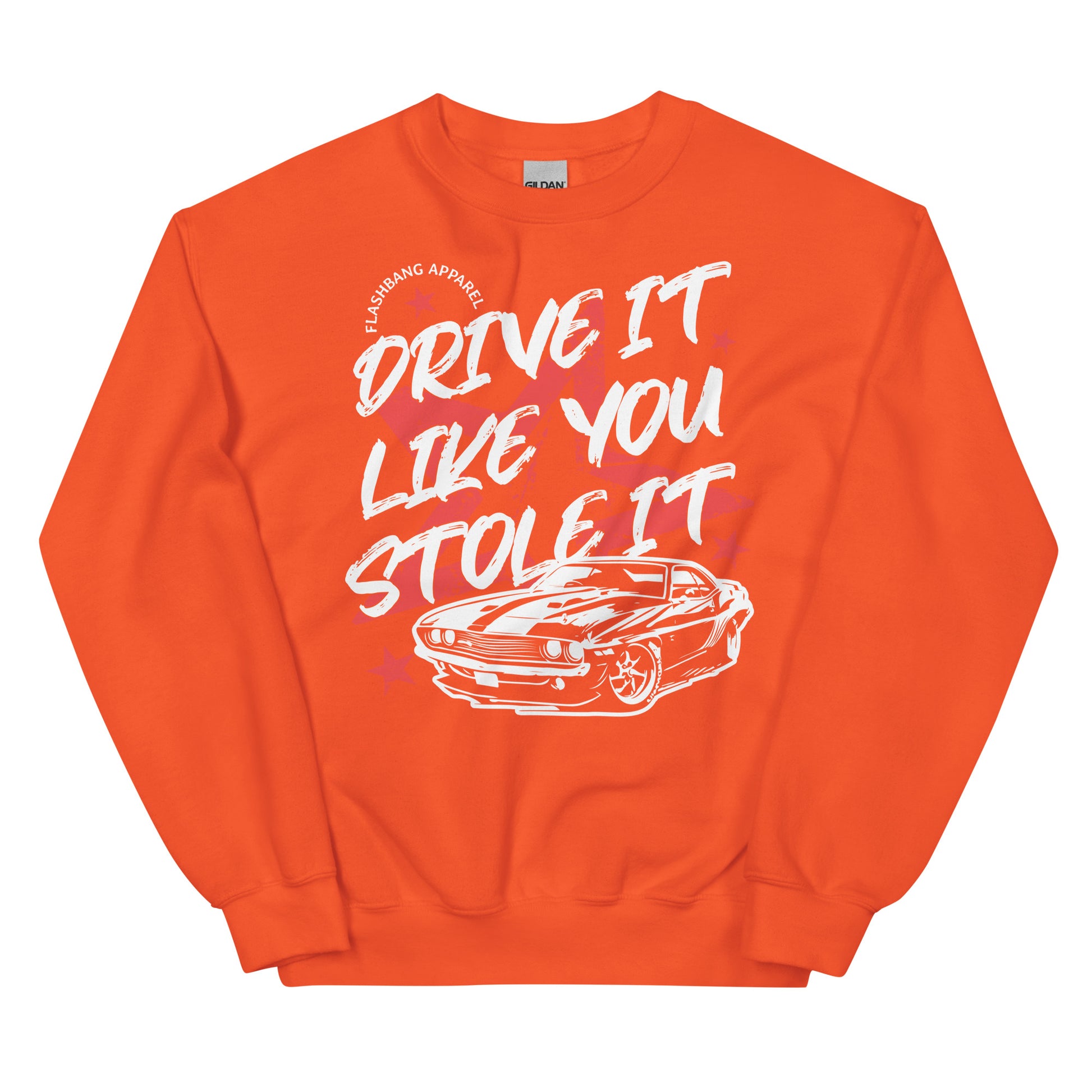 Orange sweatshirt with white text and car graphic on a white background