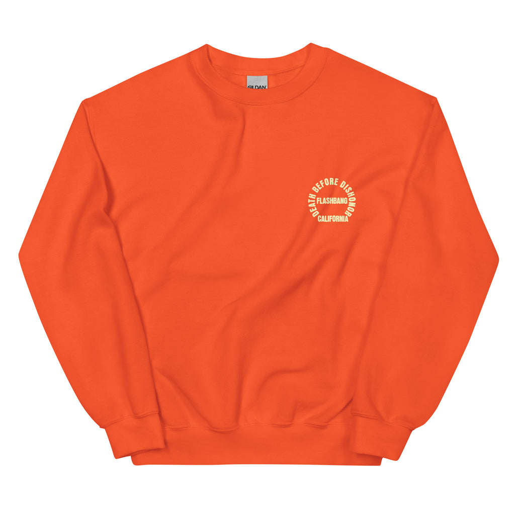 Orange sweatshirt with a white logo on a white background