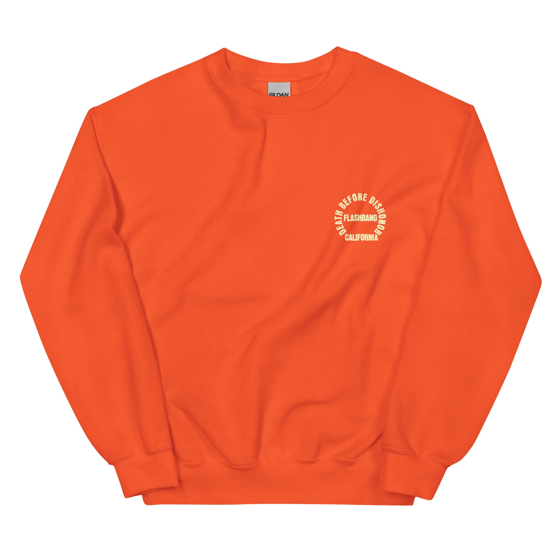 Orange sweatshirt with a white logo on a white background
