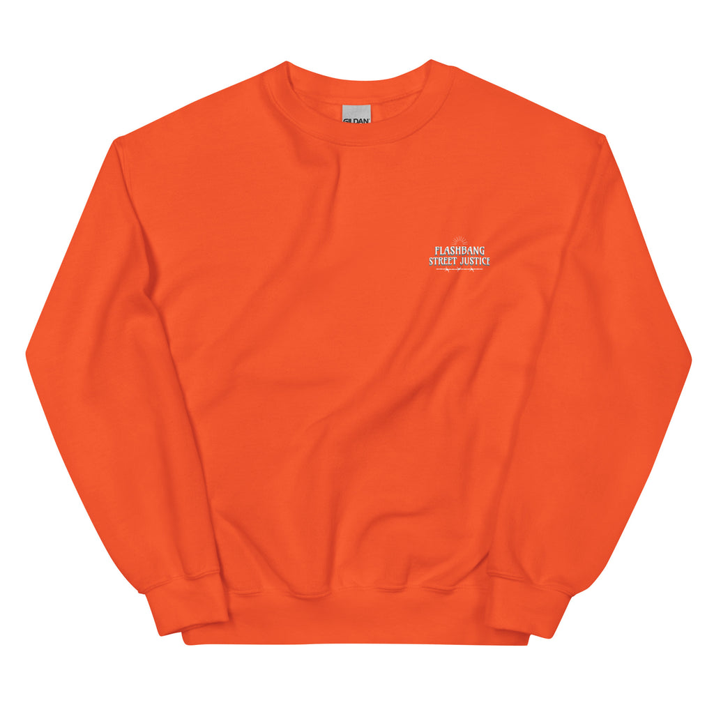 Orange sweatshirt with a small white logo on a white background