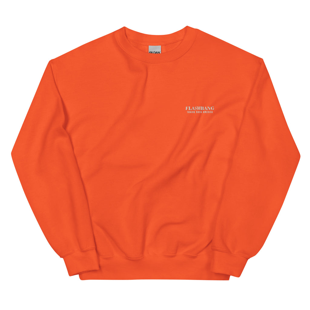 Orange sweatshirt with a small white logo on a white background