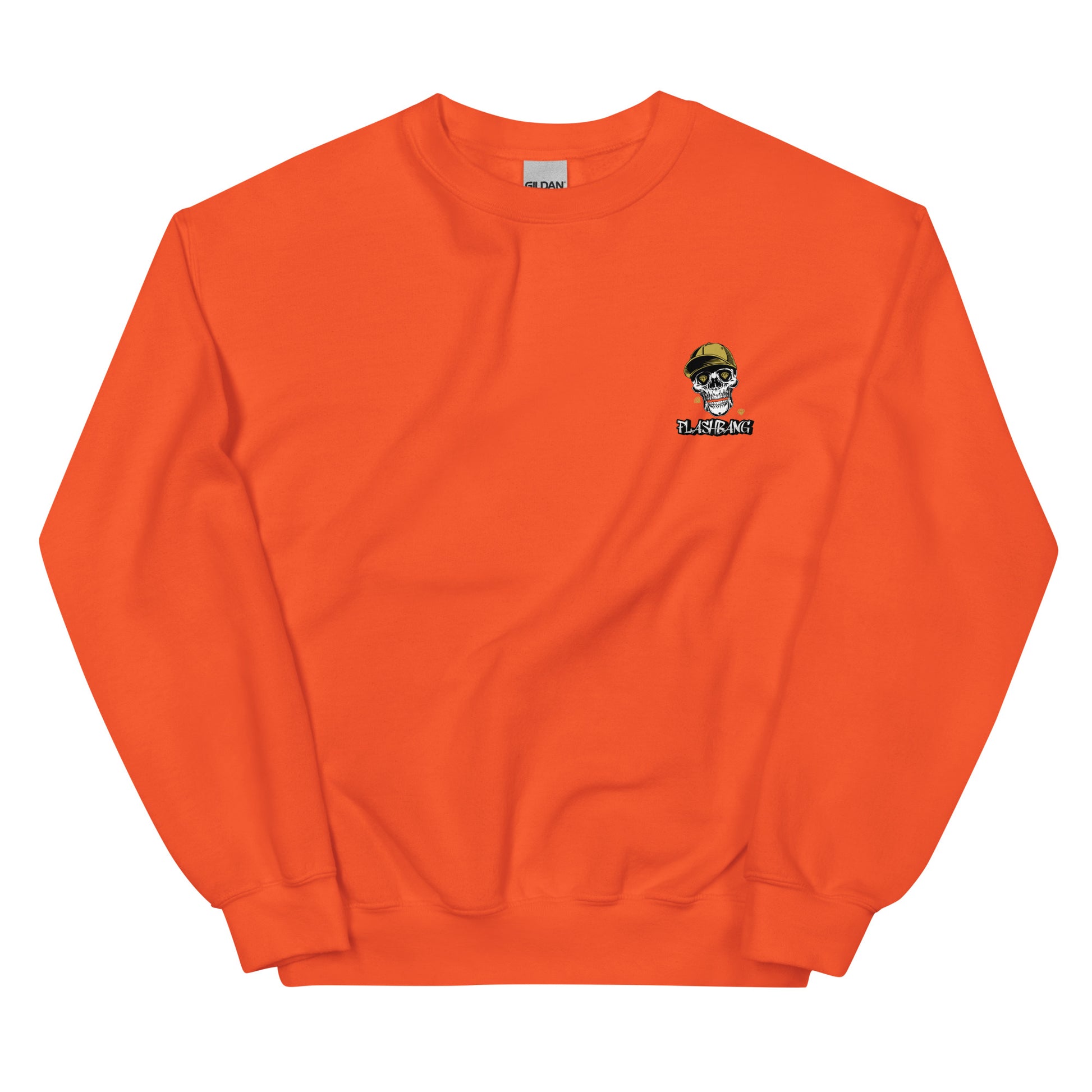 Orange sweatshirt with a small graphic on the chest against a white background