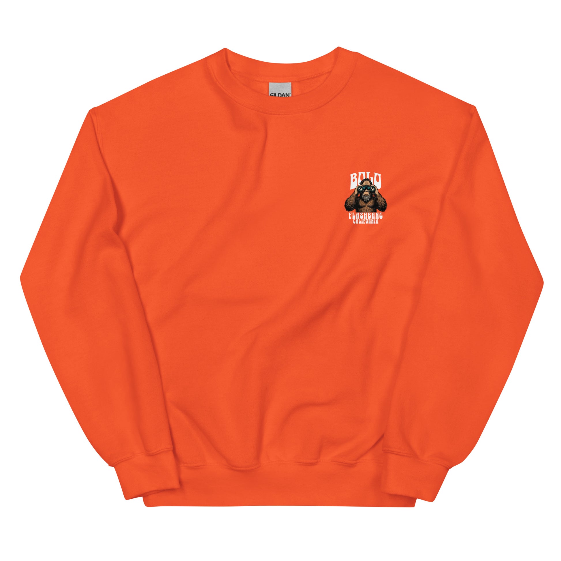 Orange sweatshirt with a small graphic on the chest against a white background