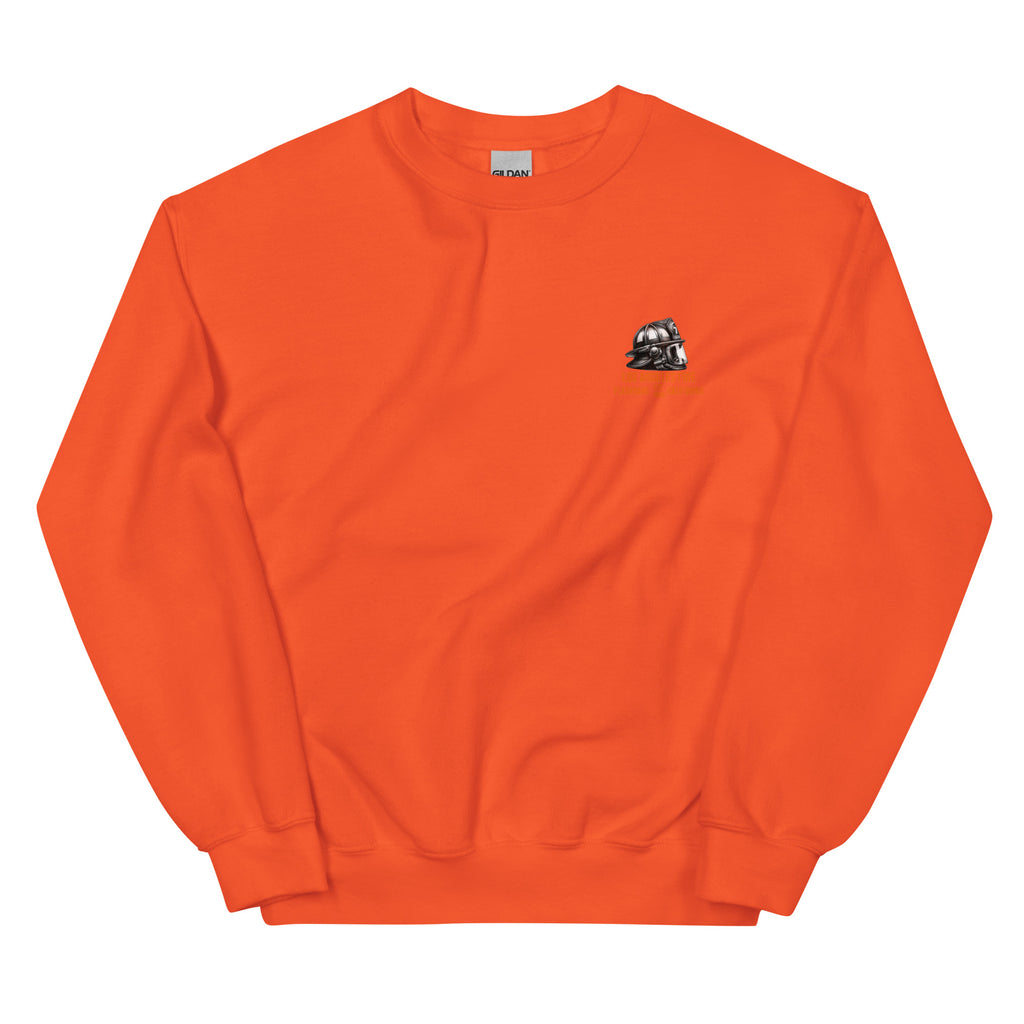 Orange sweatshirt with a small black and white logo on a white background
