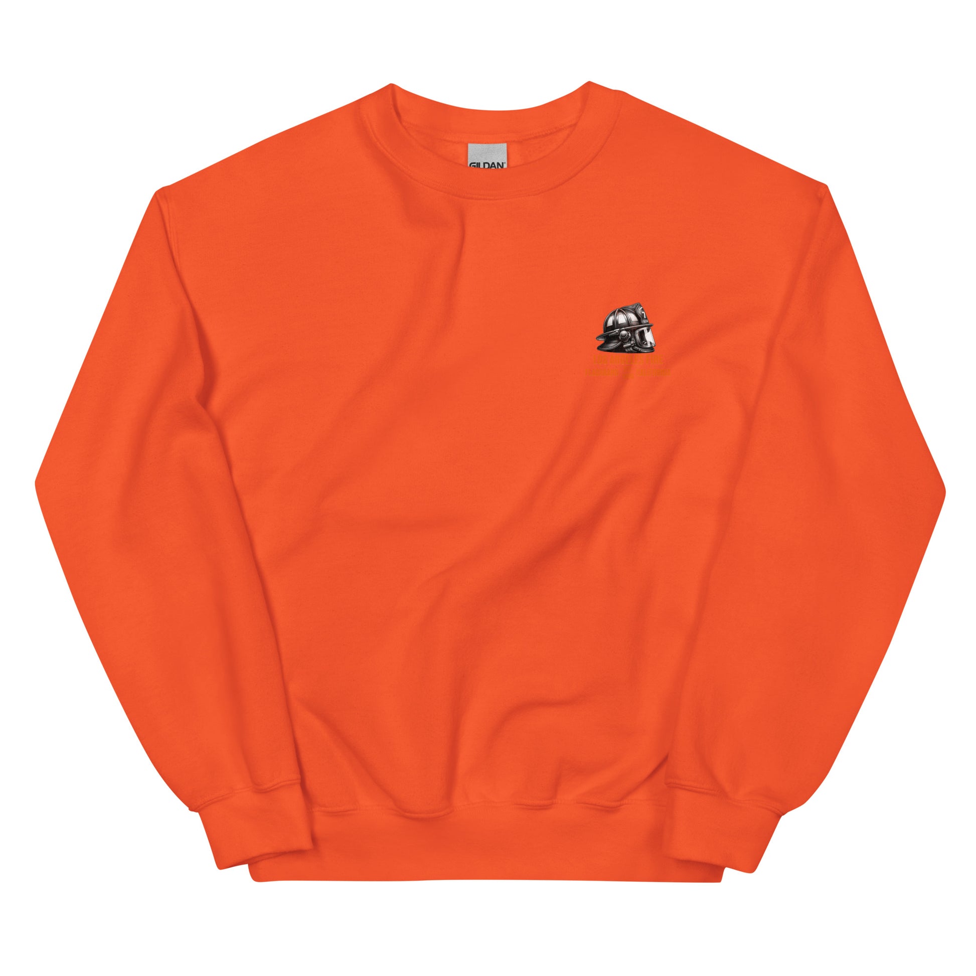 Orange sweatshirt with a small black and white logo on a white background