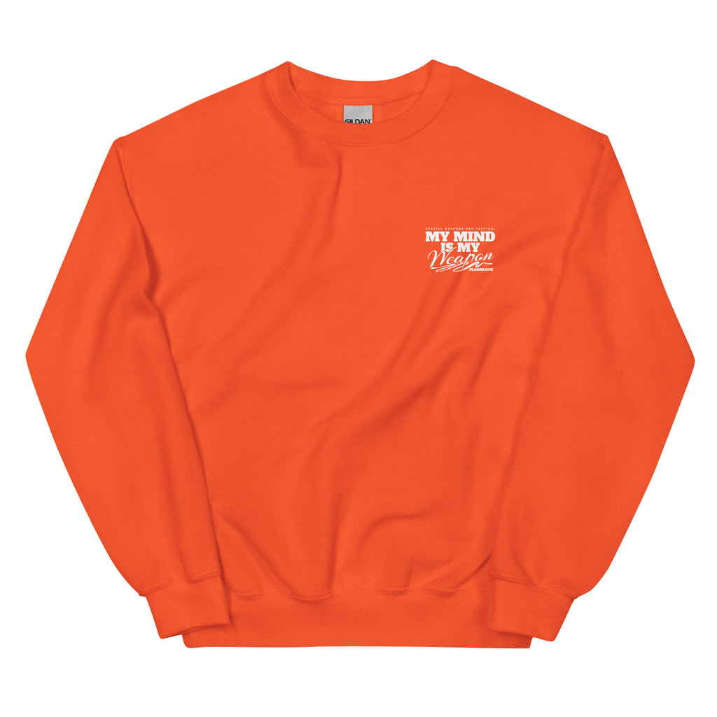 Orange sweatshirt with white text on a white background
