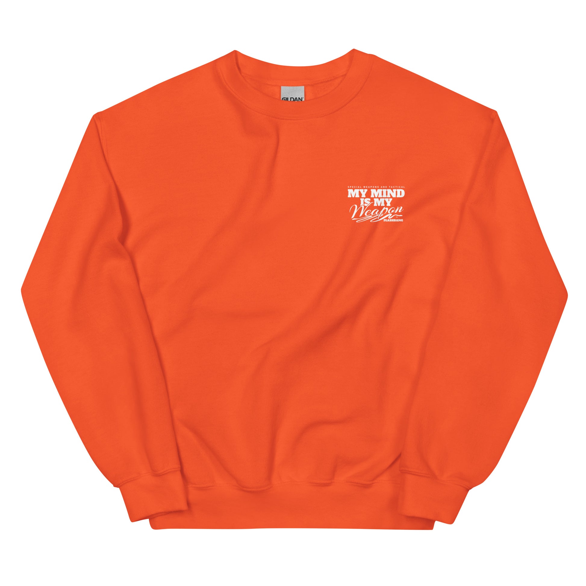 Orange sweatshirt with white text on a white background