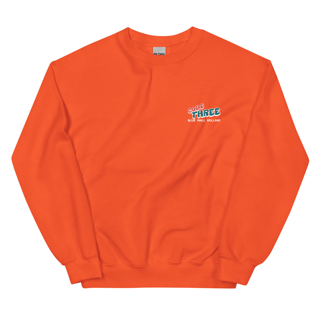 Orange sweatshirt with a logo on the chest against a white background