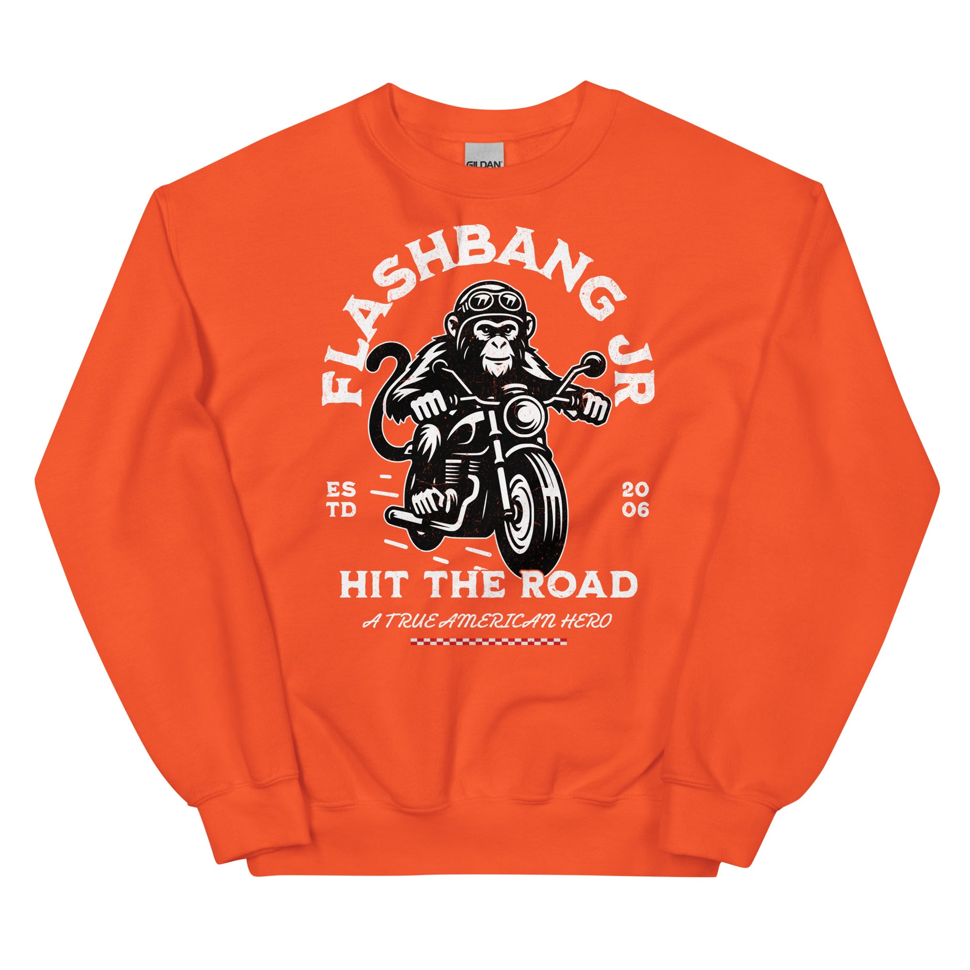 Orange sweatshirt with a monkey on a motorcycle graphic and text on a white background