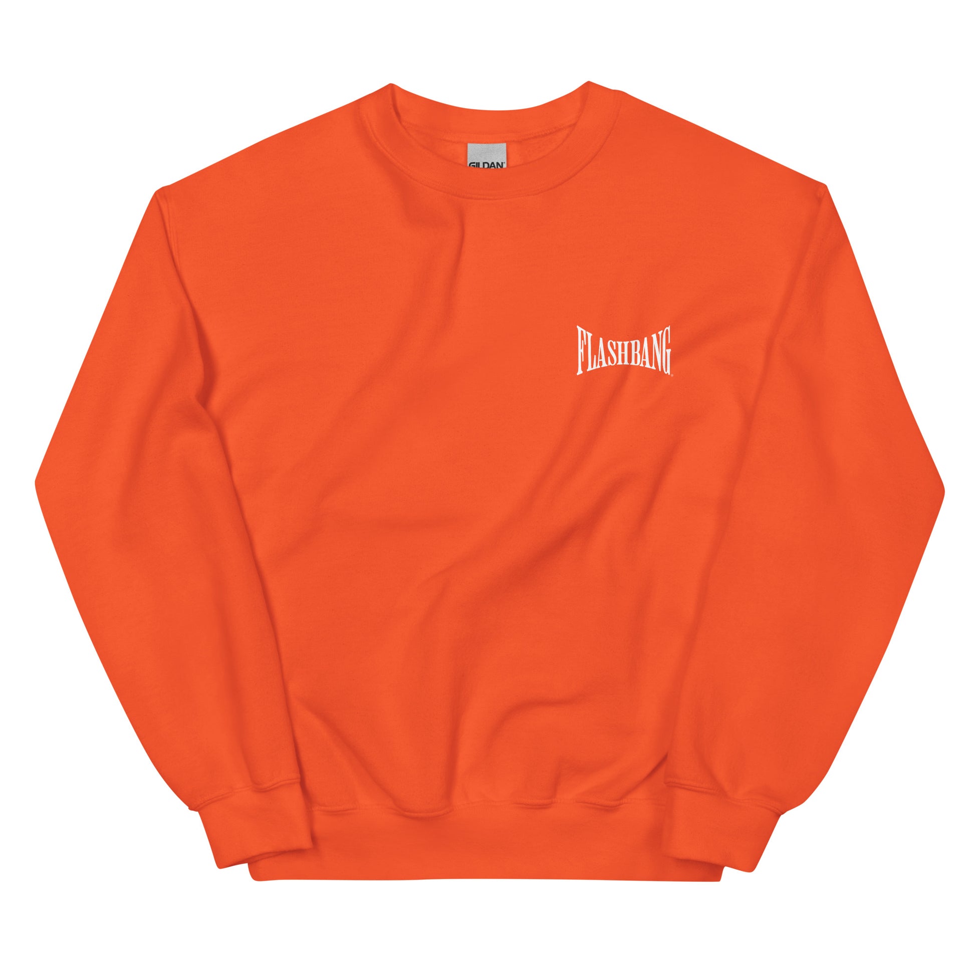 Orange sweatshirt with 'FLASHBANG' logo on a white background