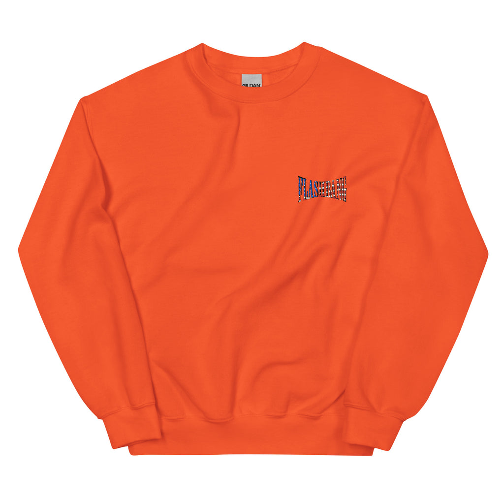 Orange sweatshirt with a small logo on the chest against a white background