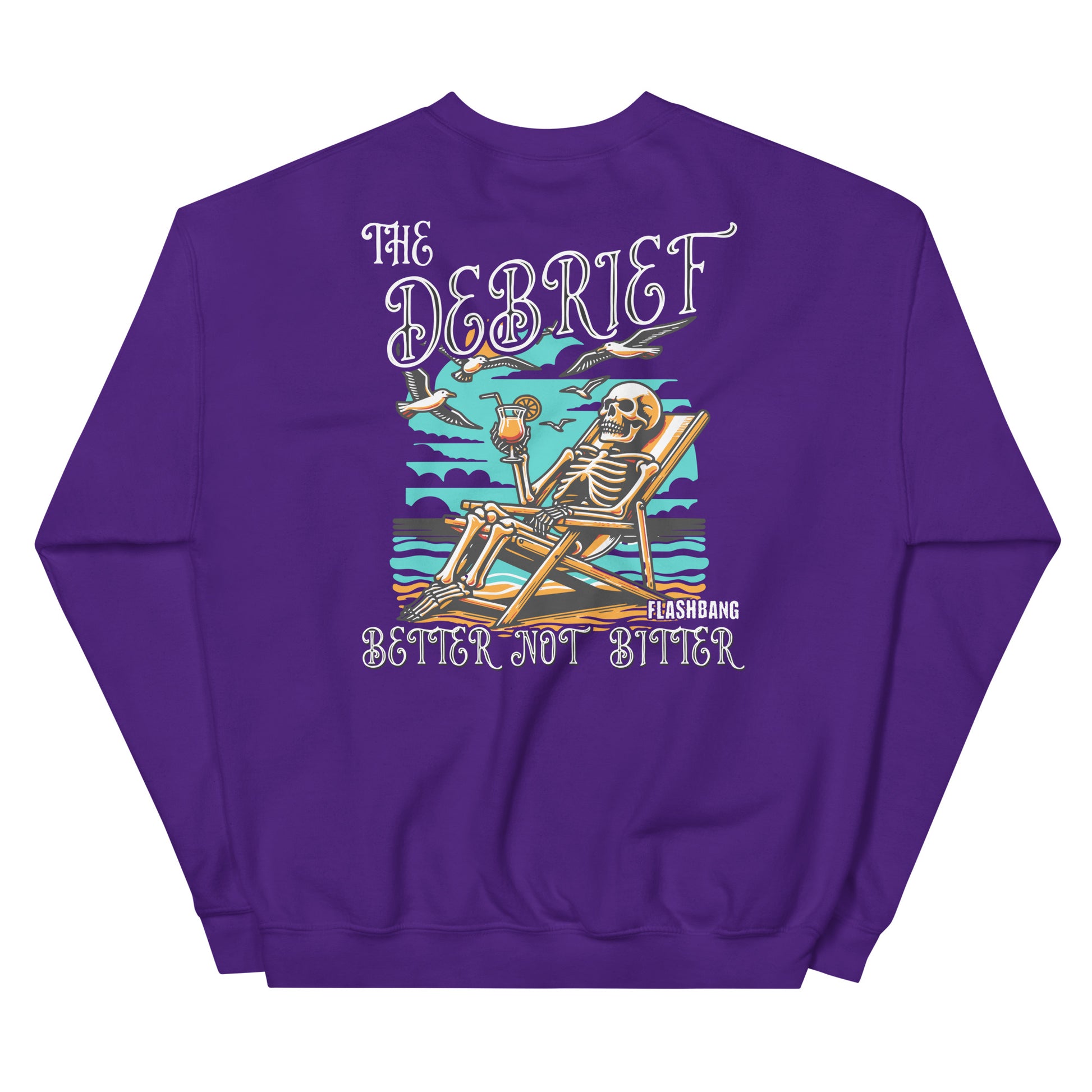 Purple sweatshirt with a skeleton design and text on a white background