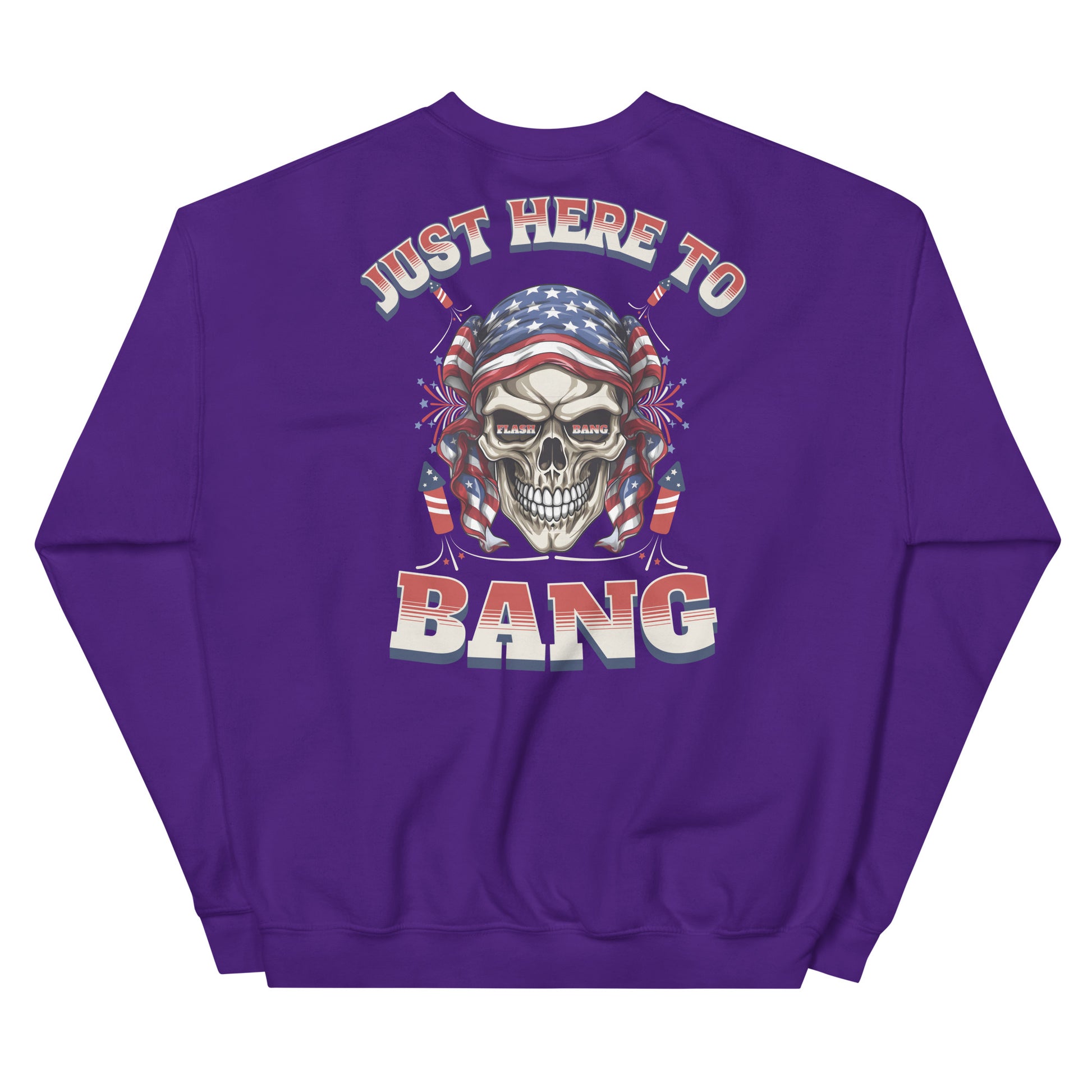 Purple sweatshirt with a skull design and text 'Just Here To Bang' on a white background