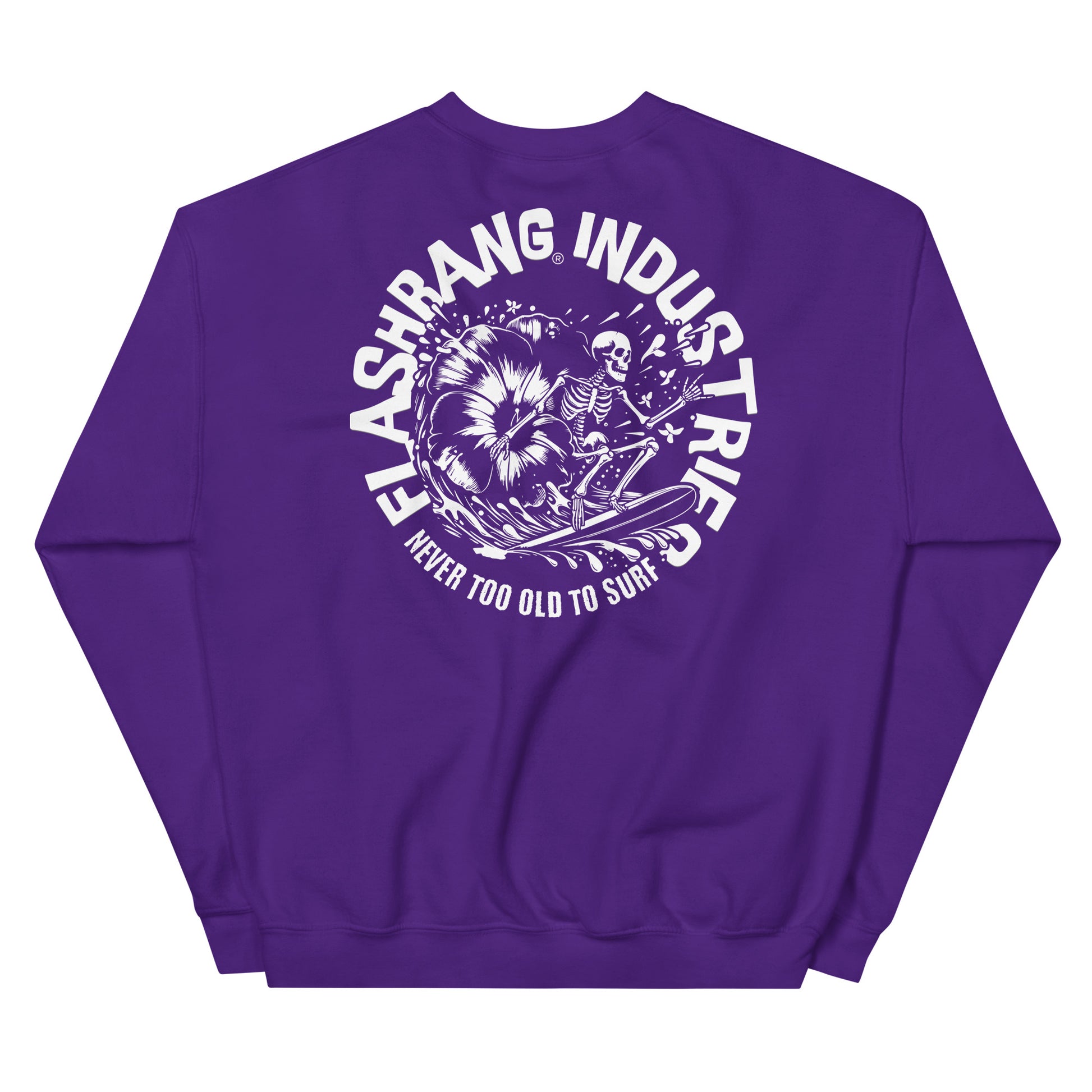 Purple sweatshirt with a graphic design and text on the back against a white background