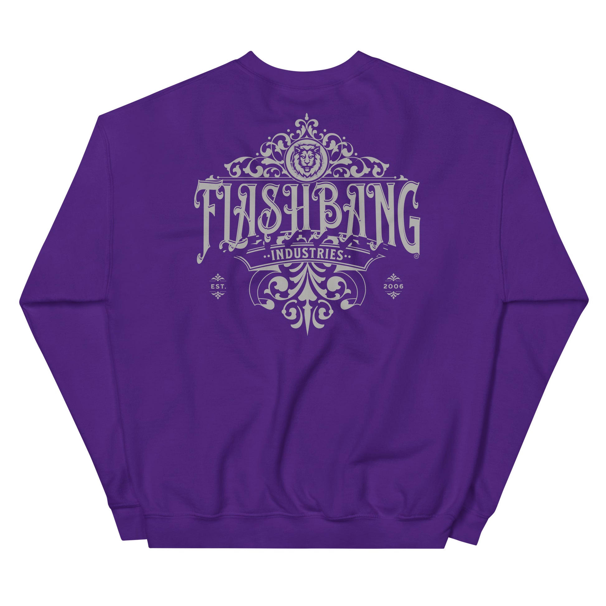 Purple sweatshirt with 'Flash Bang Industries' text and design on a white background