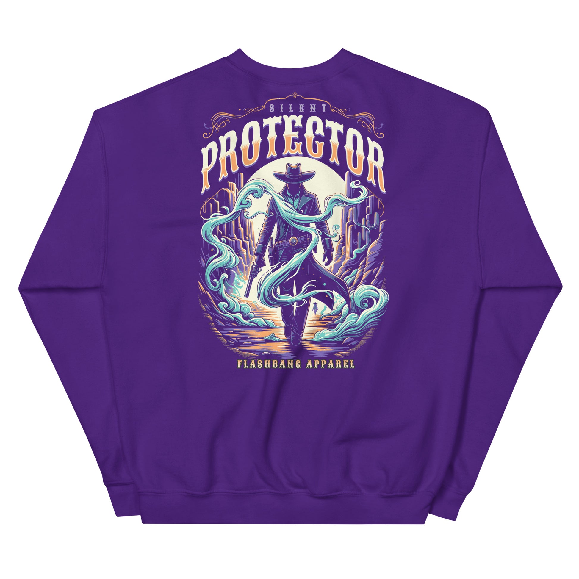 Purple sweatshirt with a graphic design of a person in a cowboy hat and long coat, with the word 'Protector' above them on a white background.