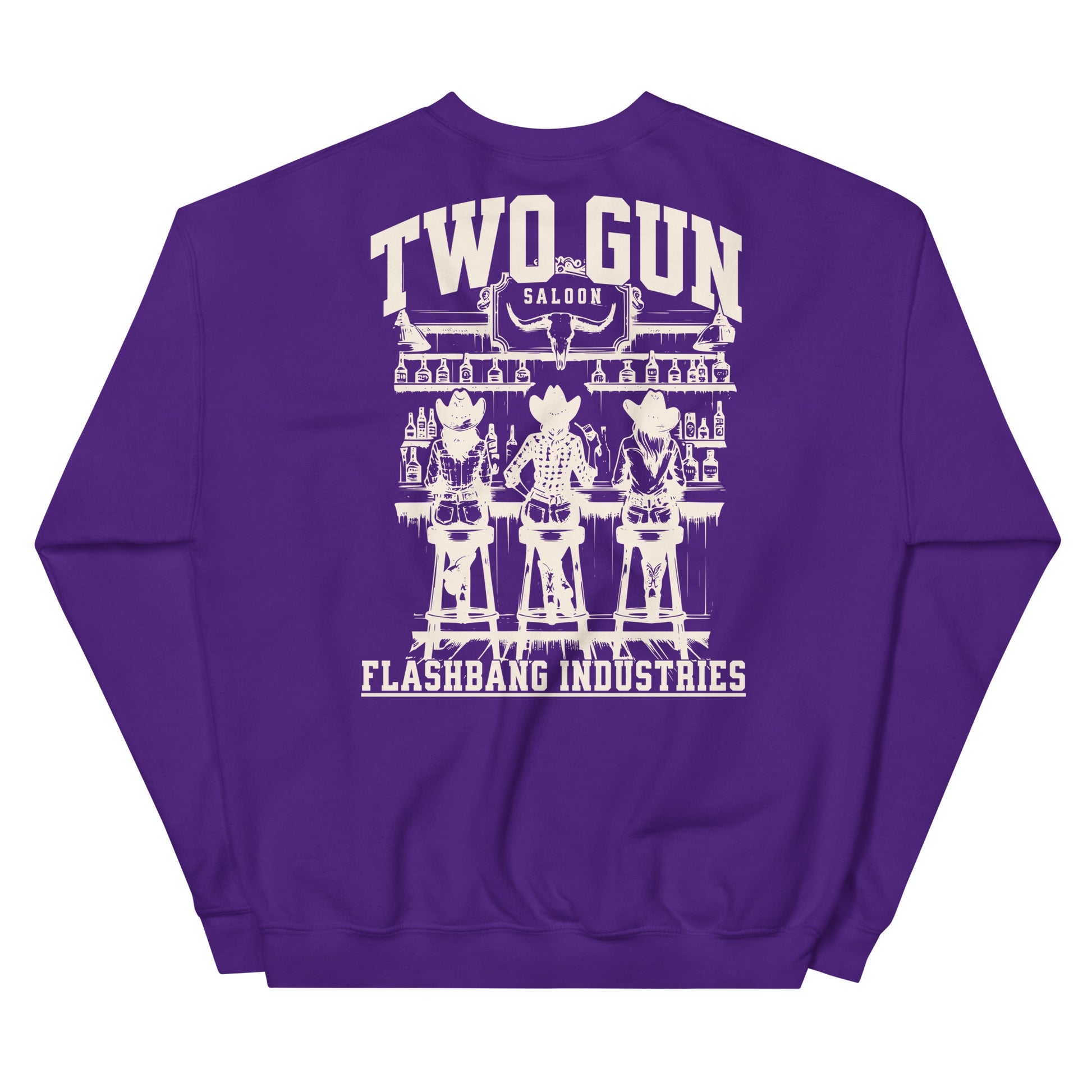 Purple sweatshirt with white graphic design on a white background