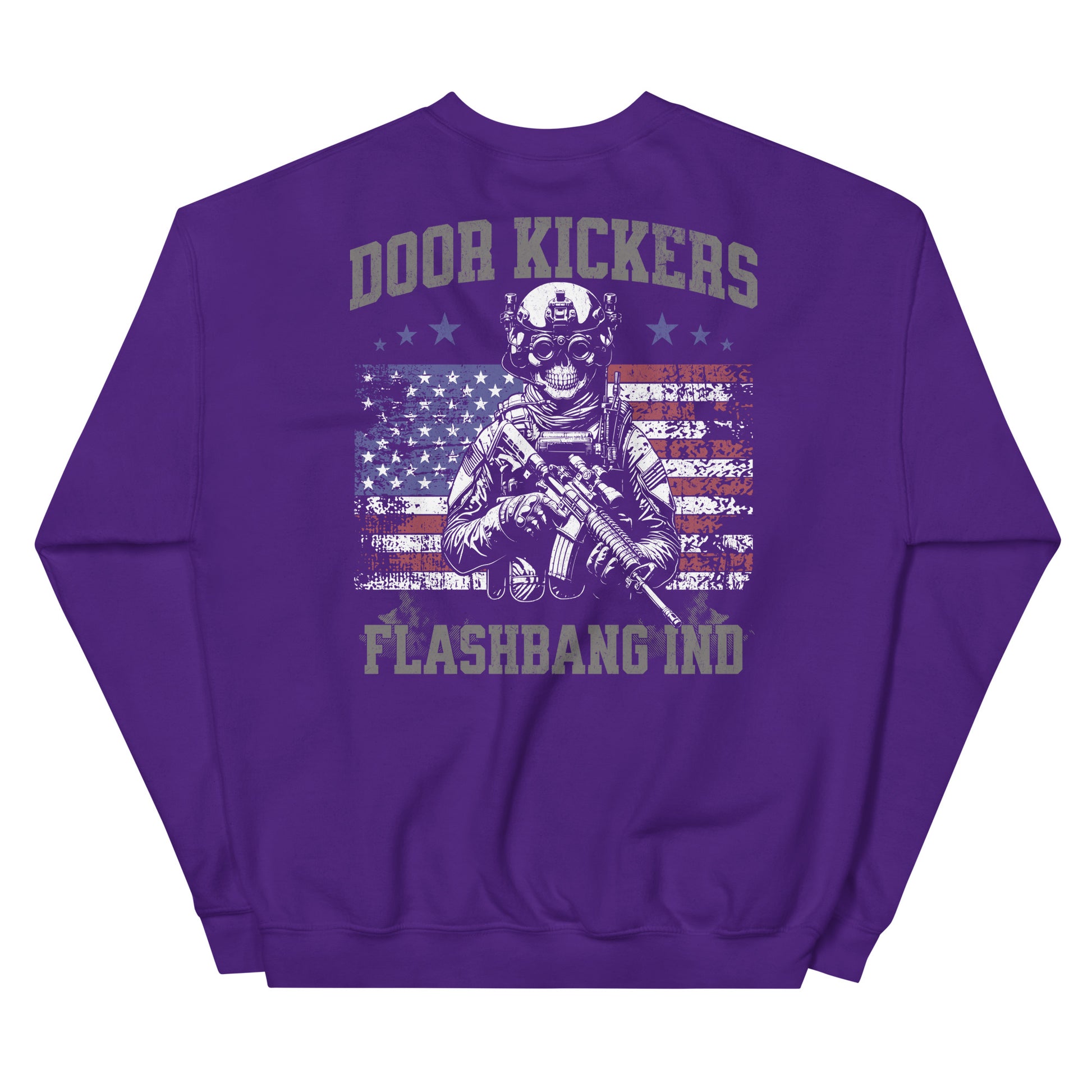 Purple sweatshirt with graphic design and text on a white background