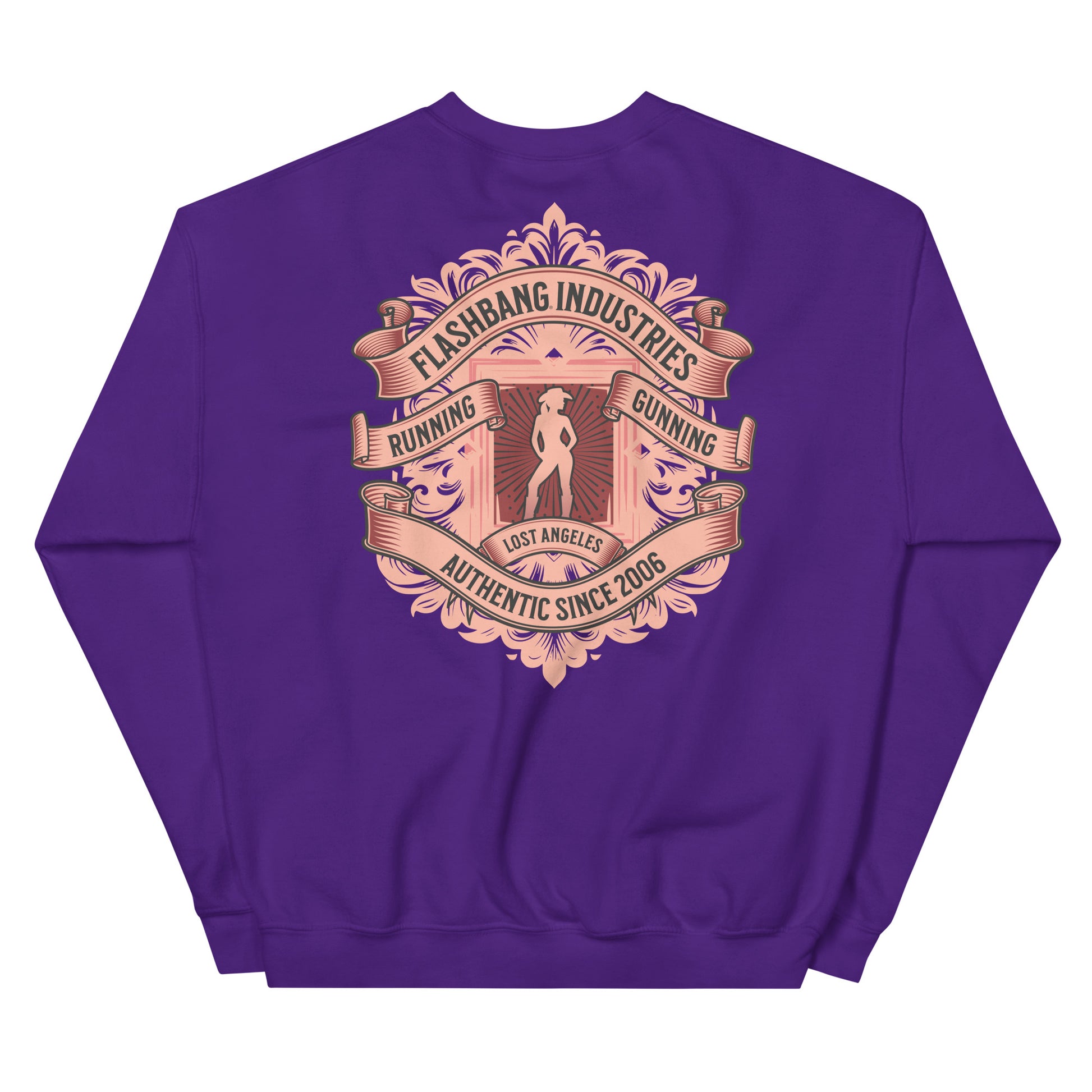 Purple sweatshirt with a gold emblem on the back on a white background