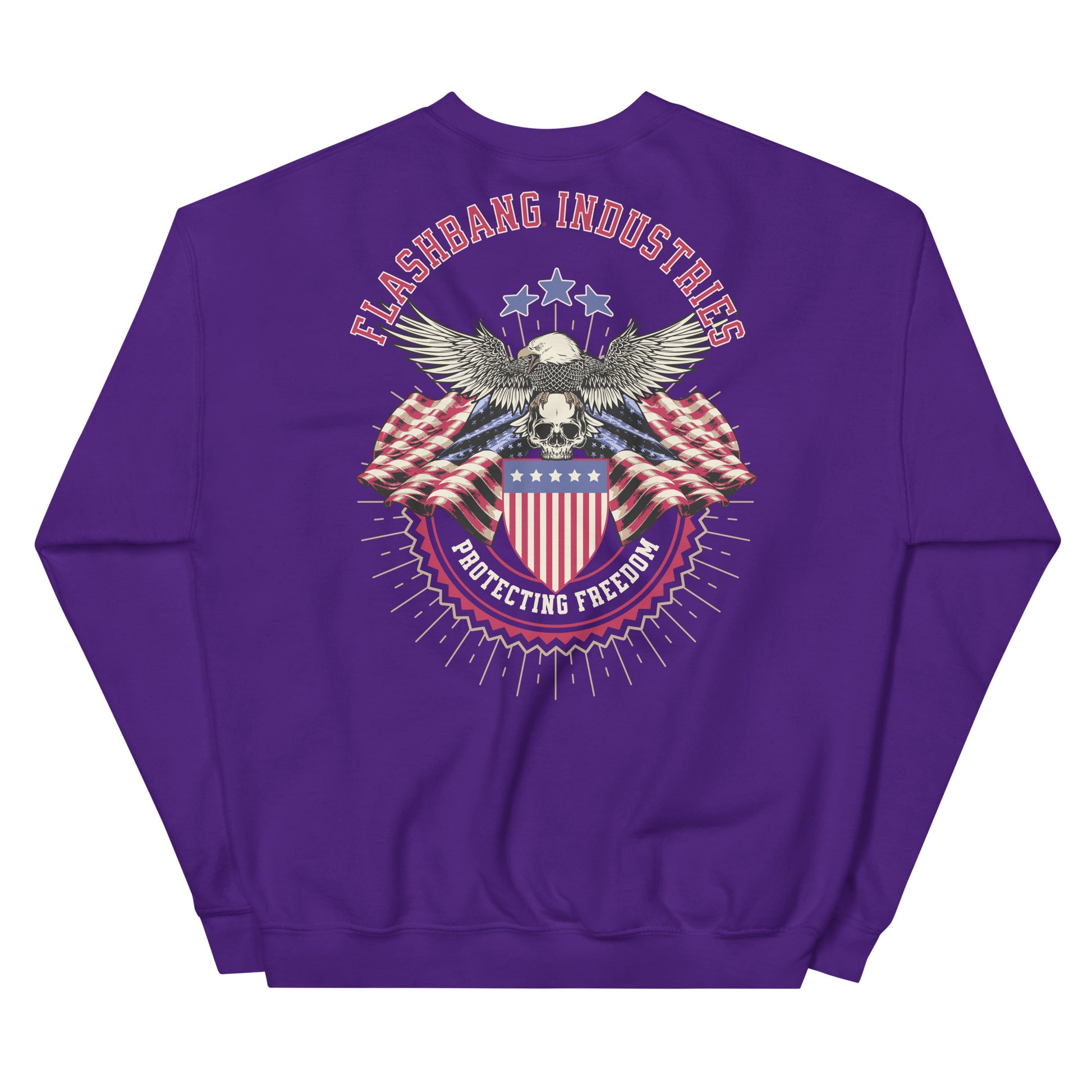 Purple sweatshirt with an eagle and American flag design on the back, featuring the text 'Flashbang Industries Protecting Freedom'.