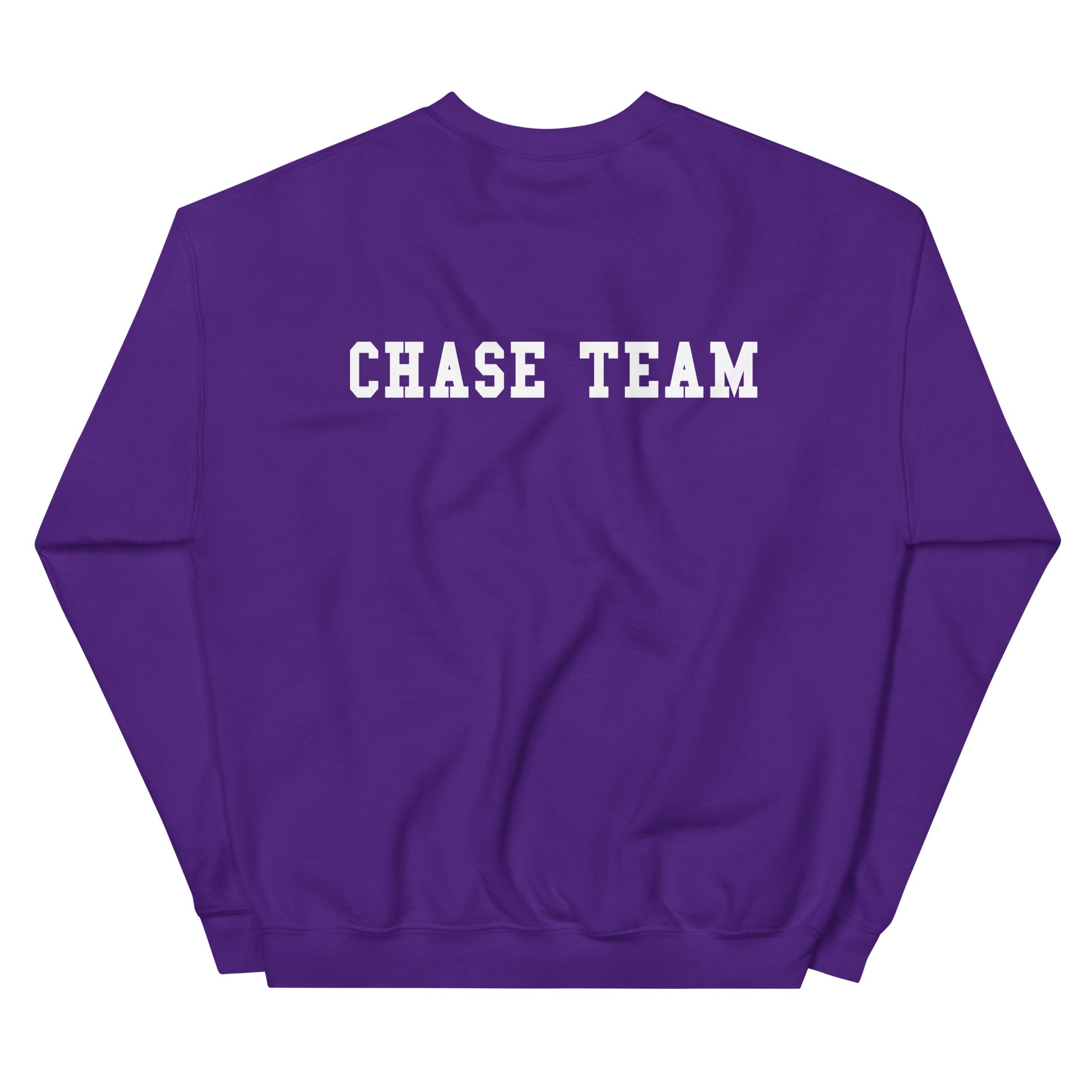 Purple sweatshirt with 'CHASE TEAM' text on a white background