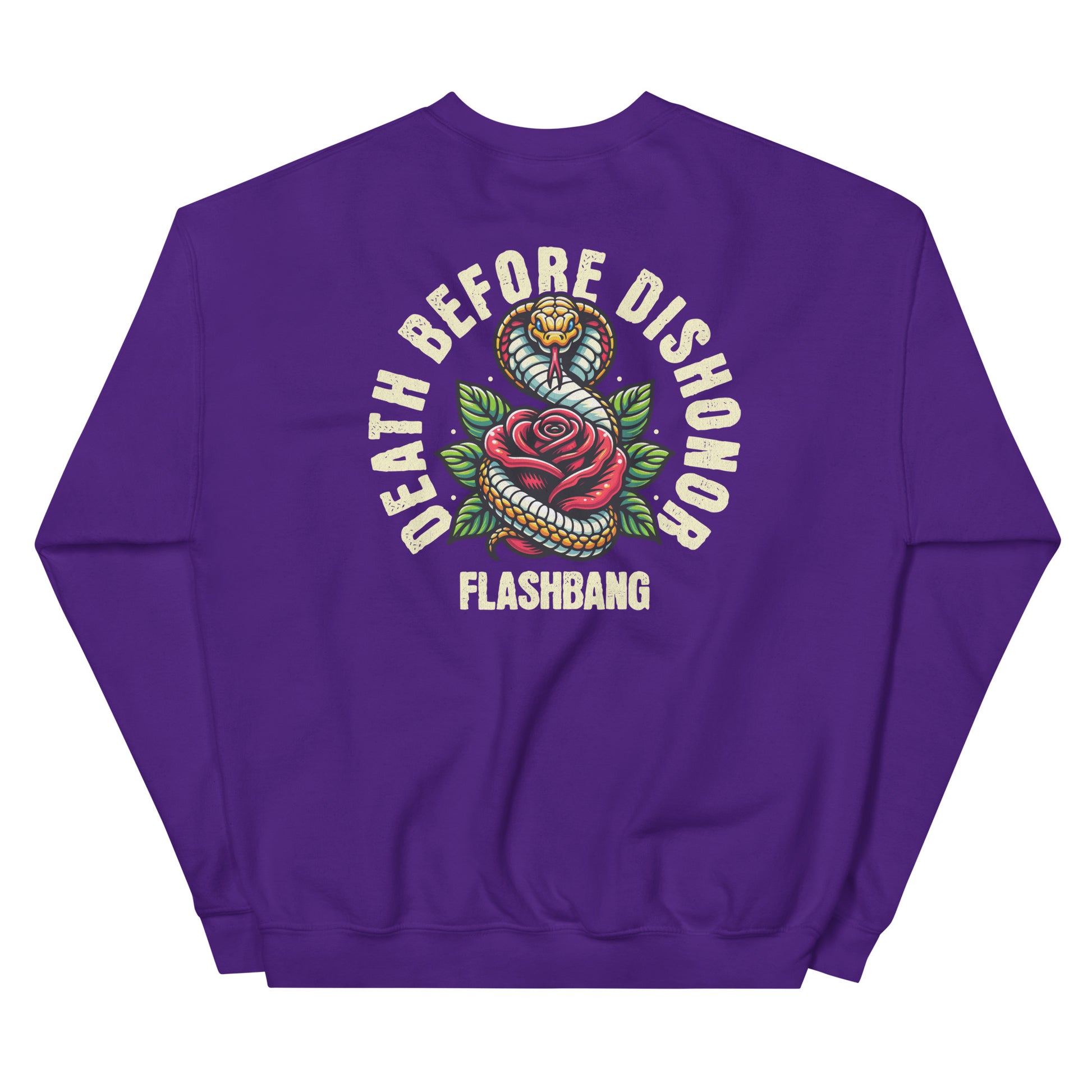 Purple sweatshirt with 'Death Before Dishonor Flashbang' design on a white background