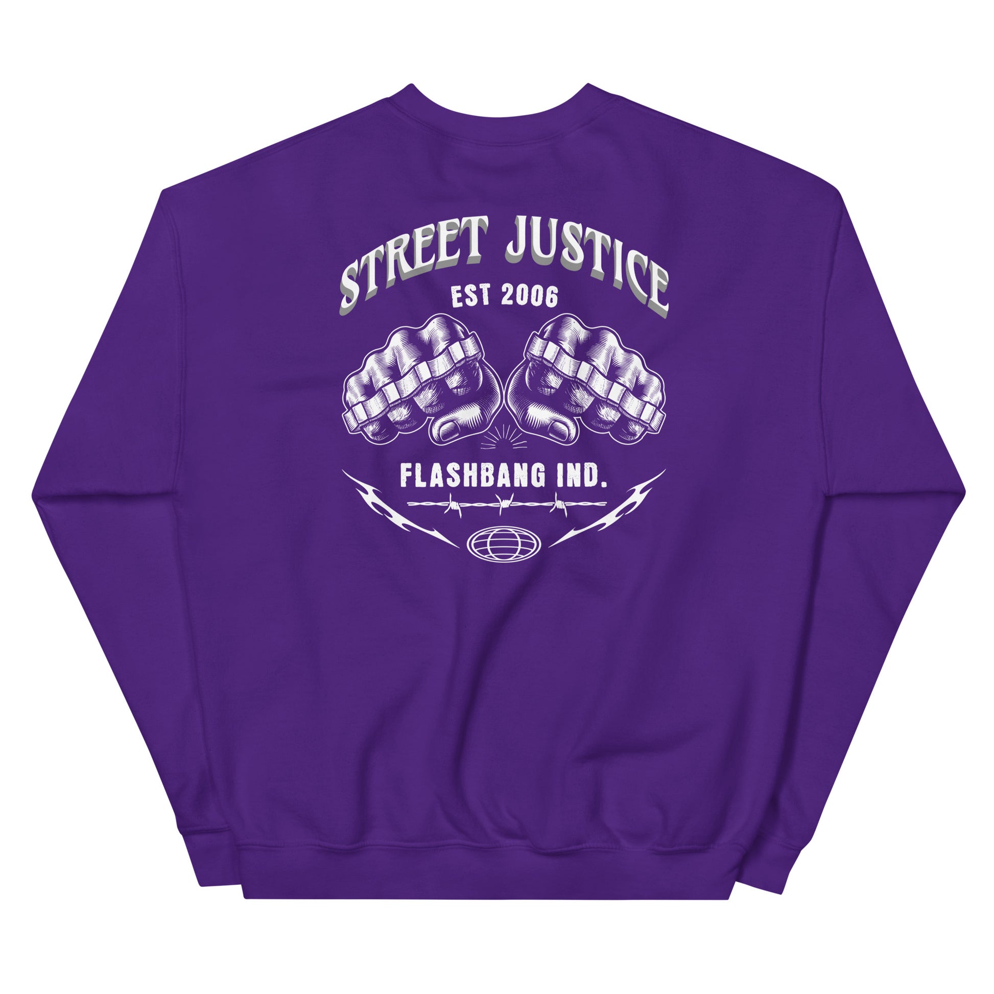 Purple sweatshirt with white graphic and text on a white background
