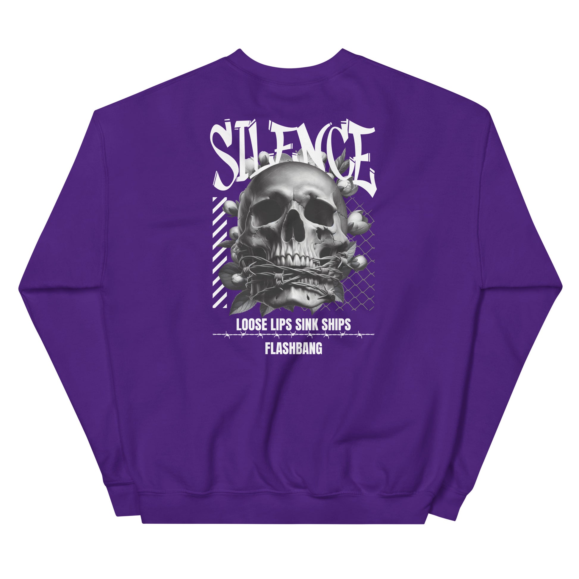 Purple sweatshirt with a skull graphic and text on a white background