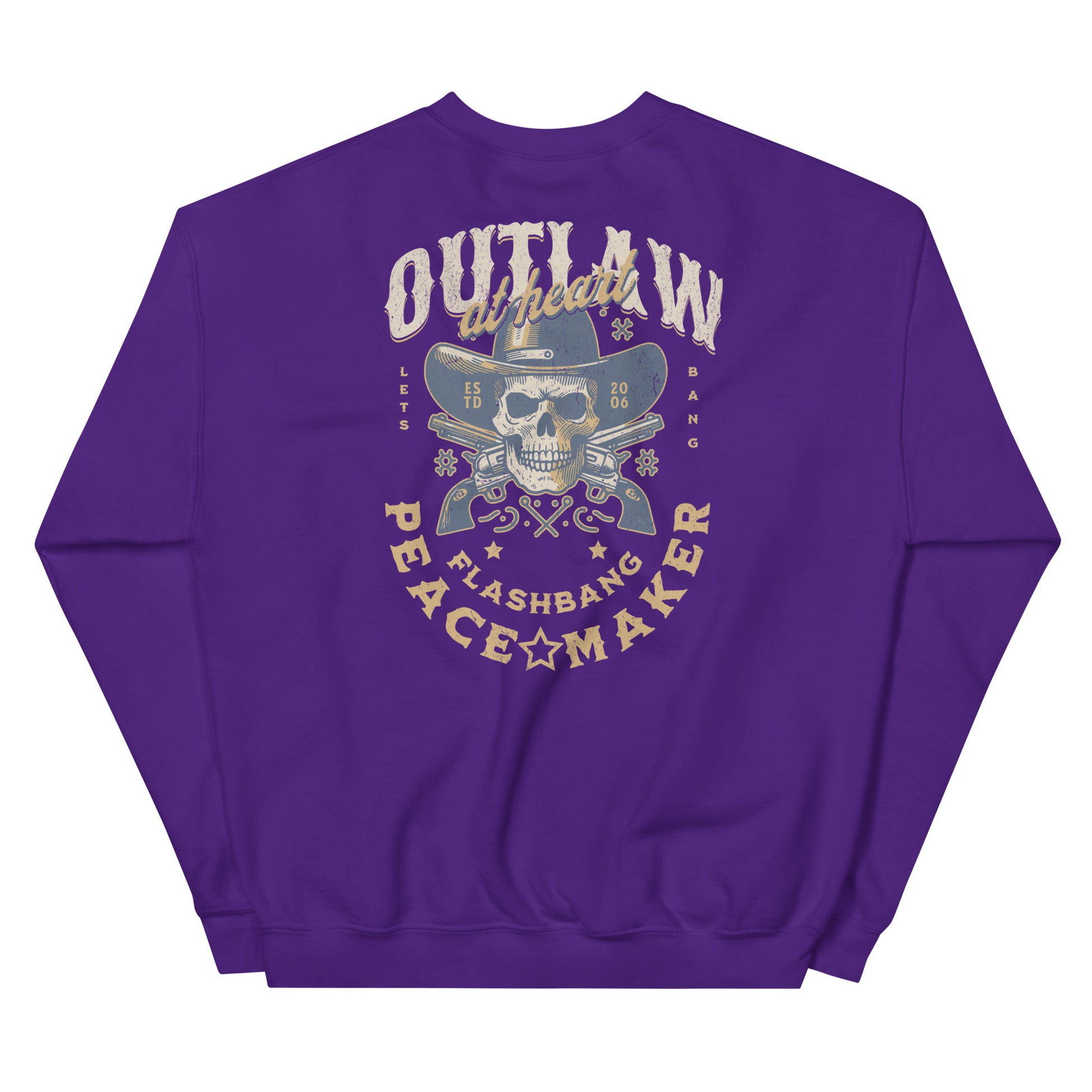 Purple sweatshirt with a graphic design featuring a skull, cowboy hat, and text on a white background