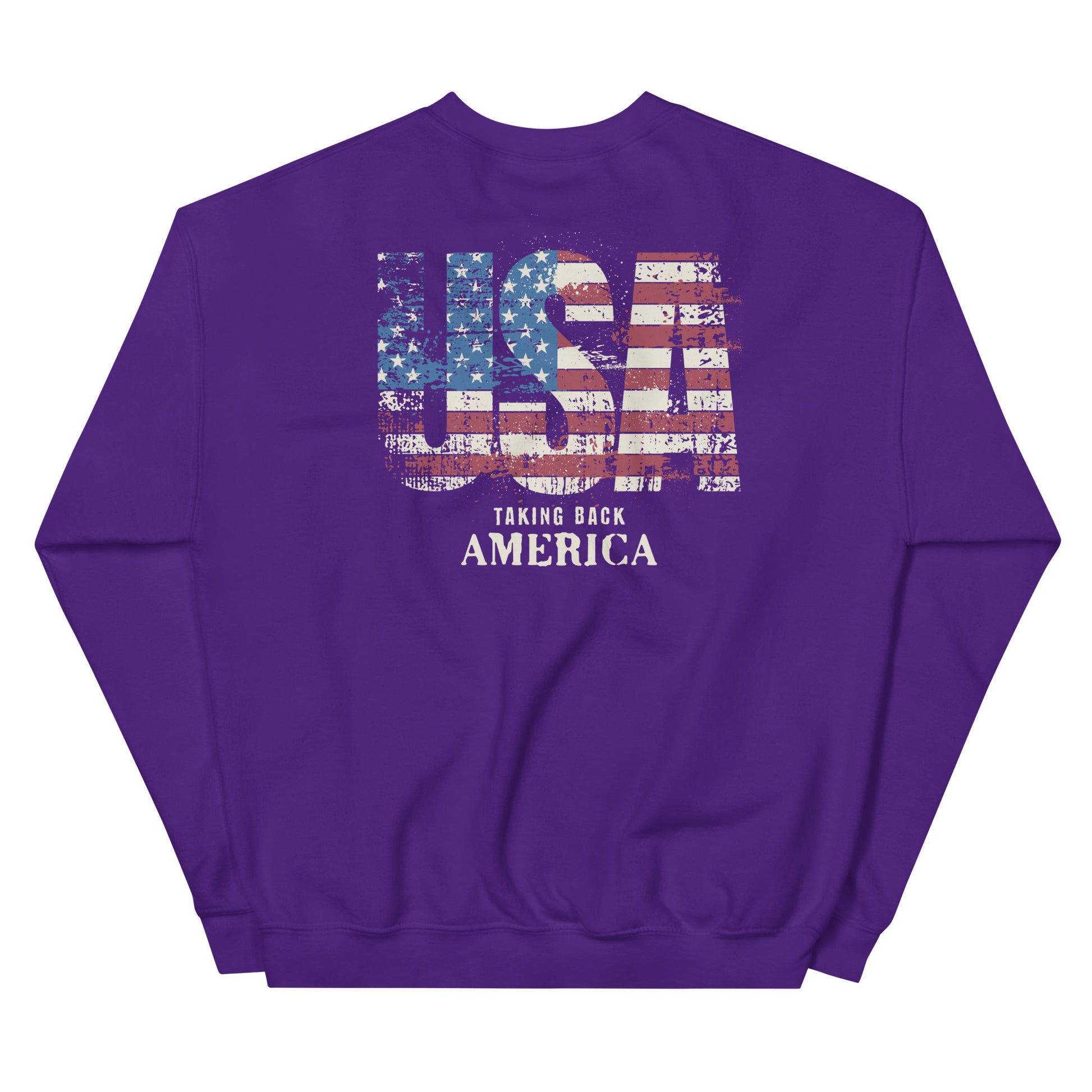 Purple sweatshirt with 'USA Taking Back America' text and design on a white background