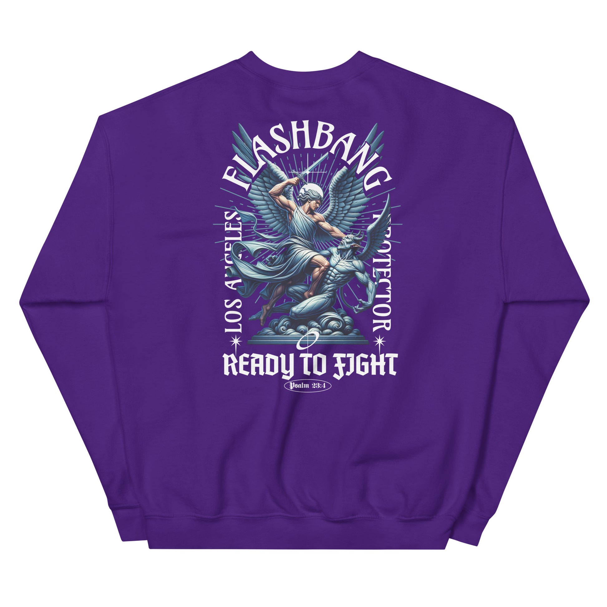 Purple sweatshirt with graphic design and text on a white background