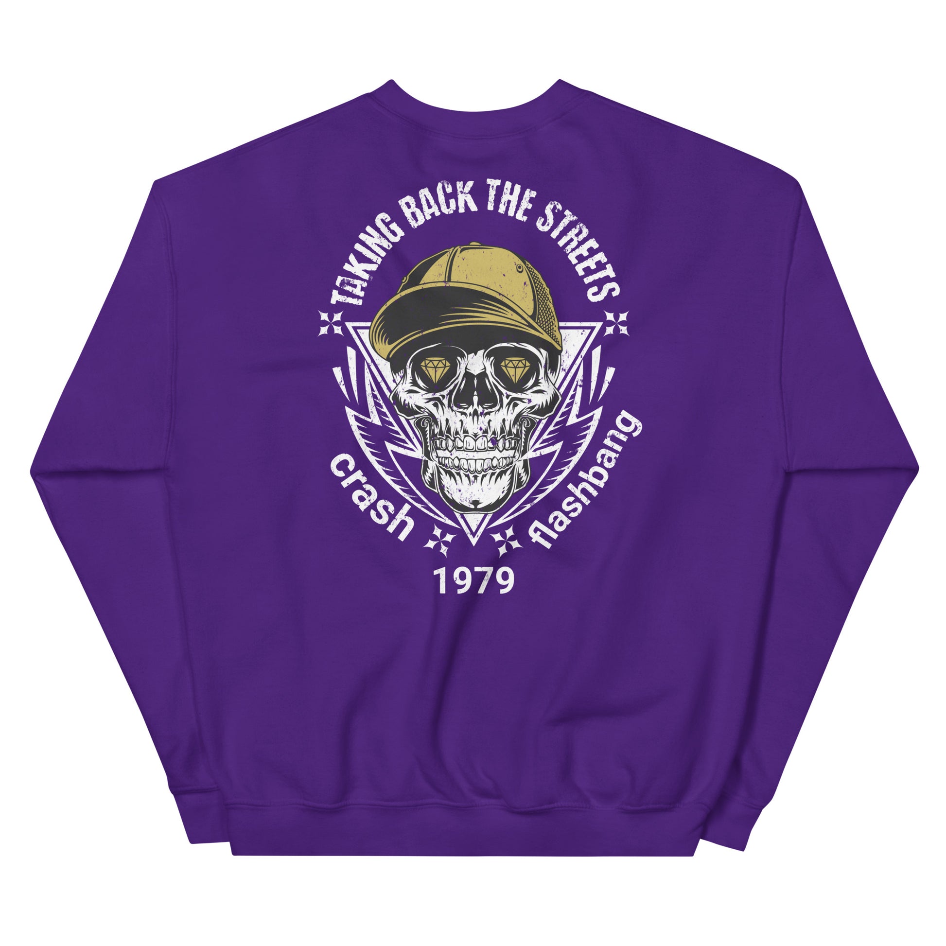 Purple sweatshirt with a skull graphic and text on the back, displayed on a white background.