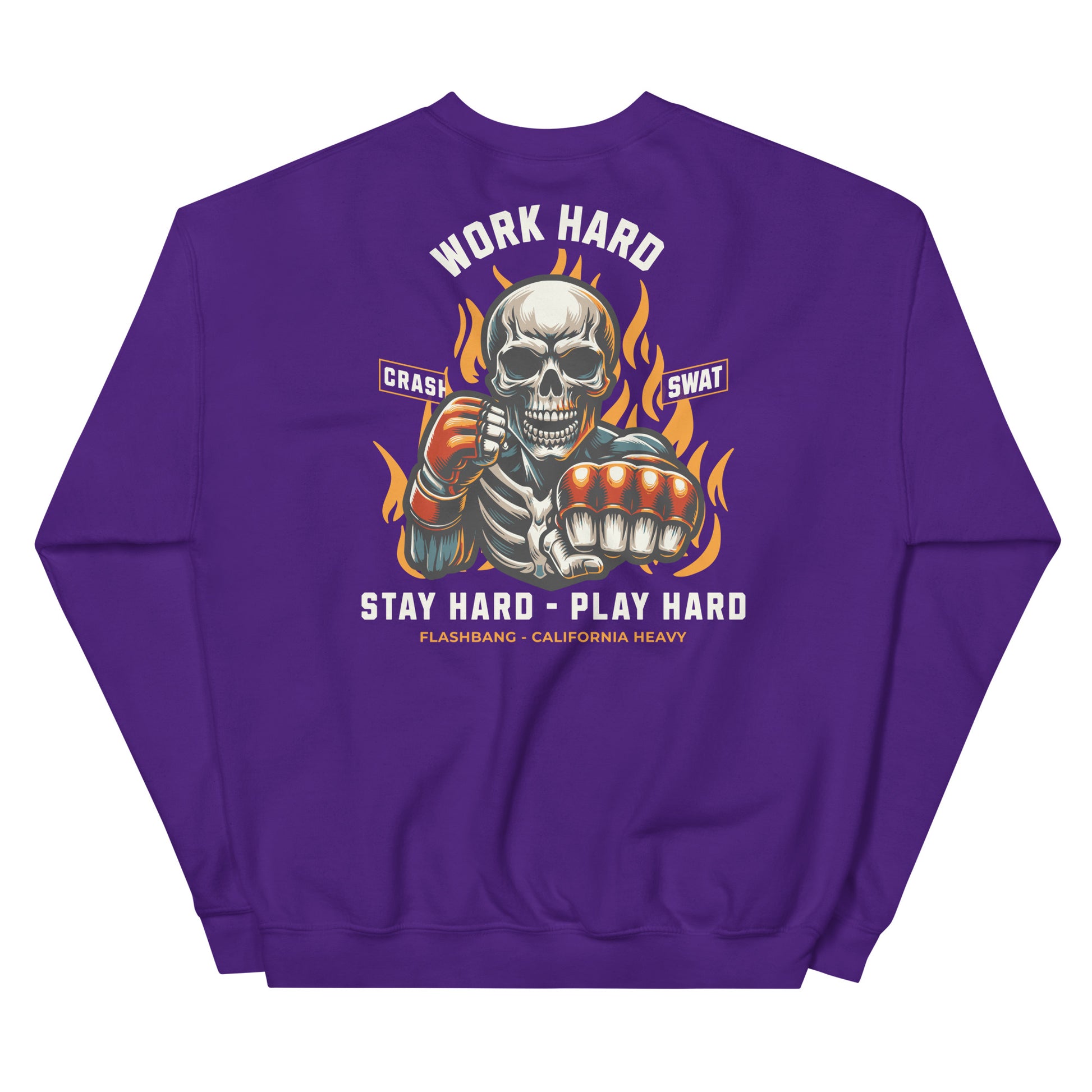 Purple sweatshirt with a skeleton holding a gun and flames design on the back, featuring text.