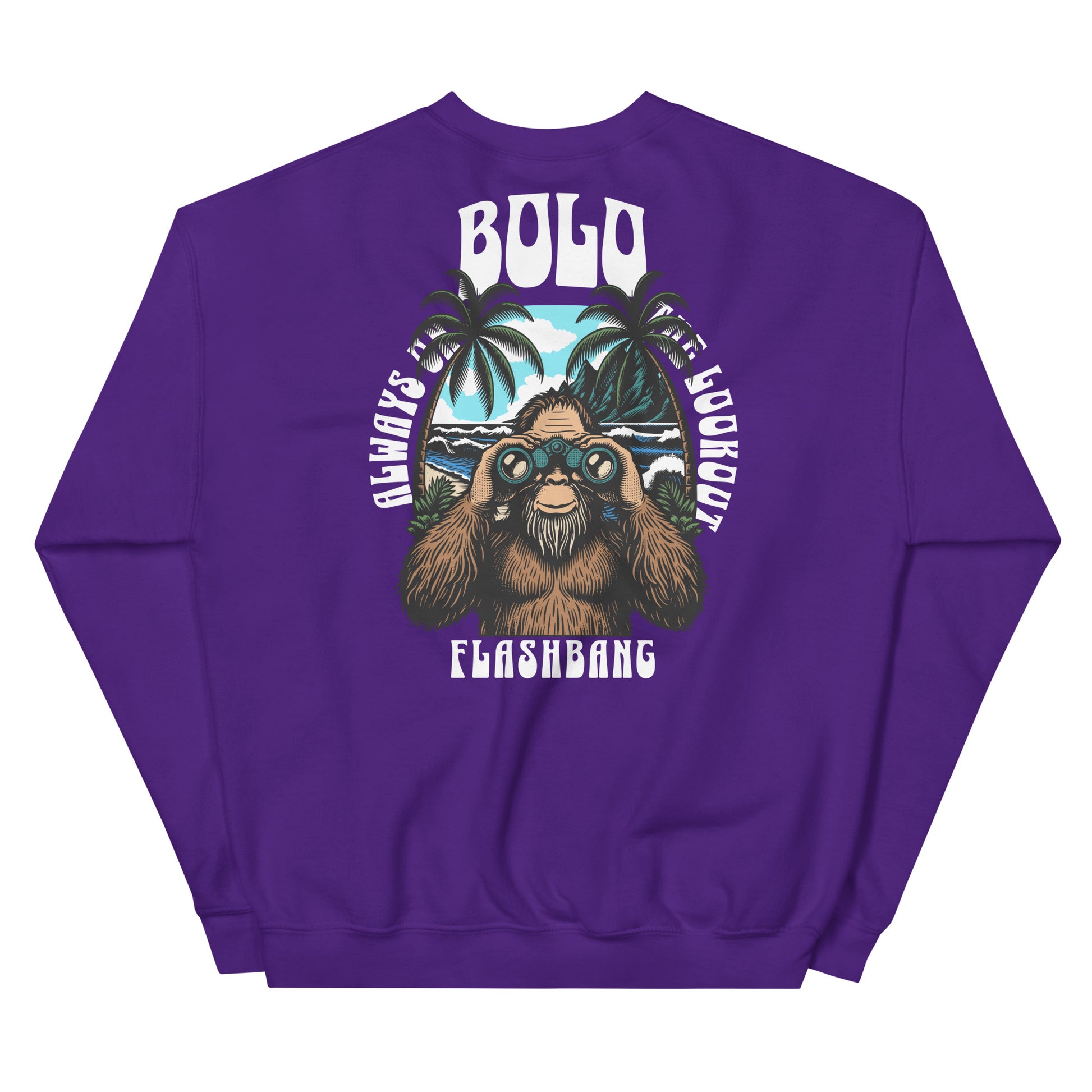 Purple sweatshirt with a graphic of a bear and text on the back, on a white background