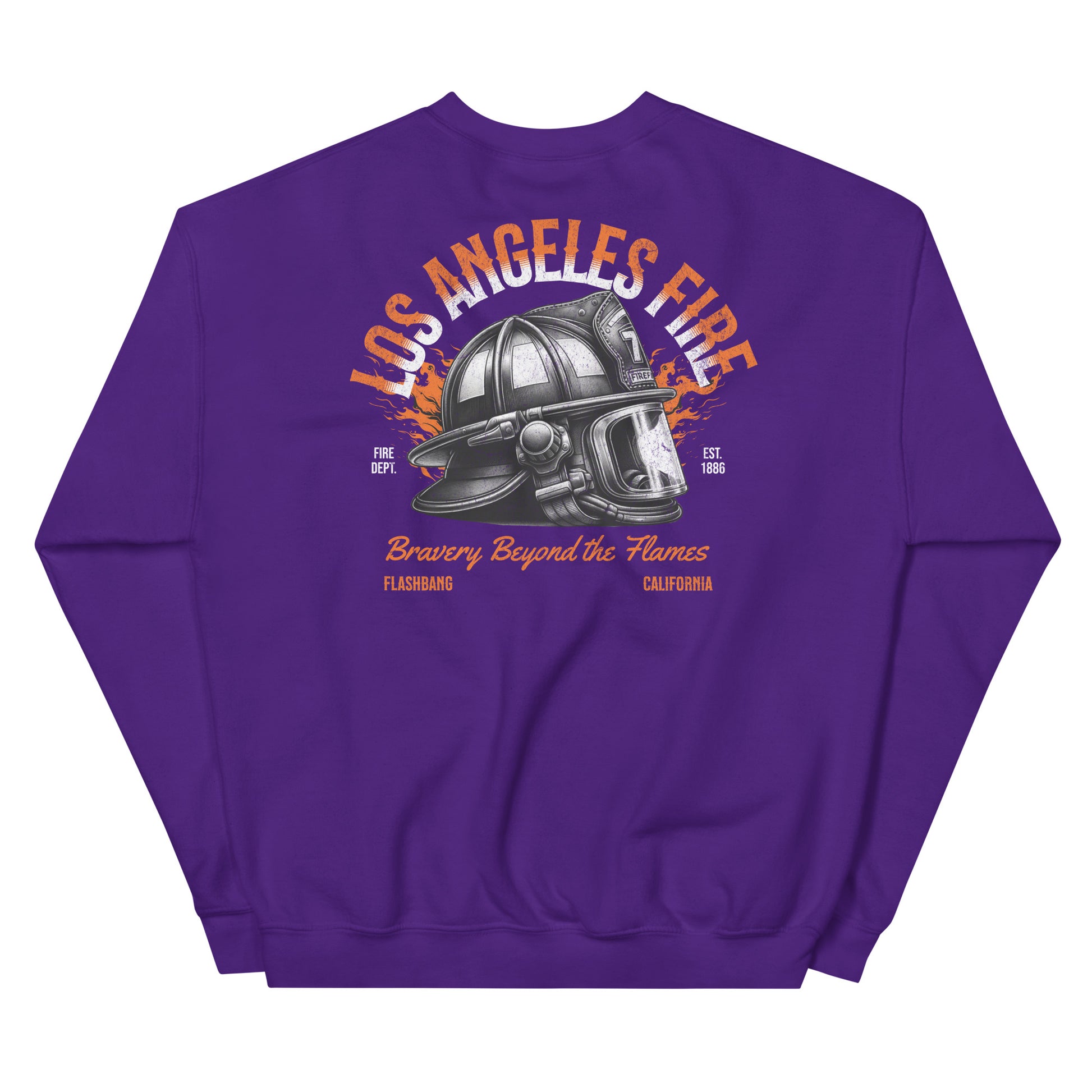 Purple sweatshirt with a fire helmet graphic and text on a white background