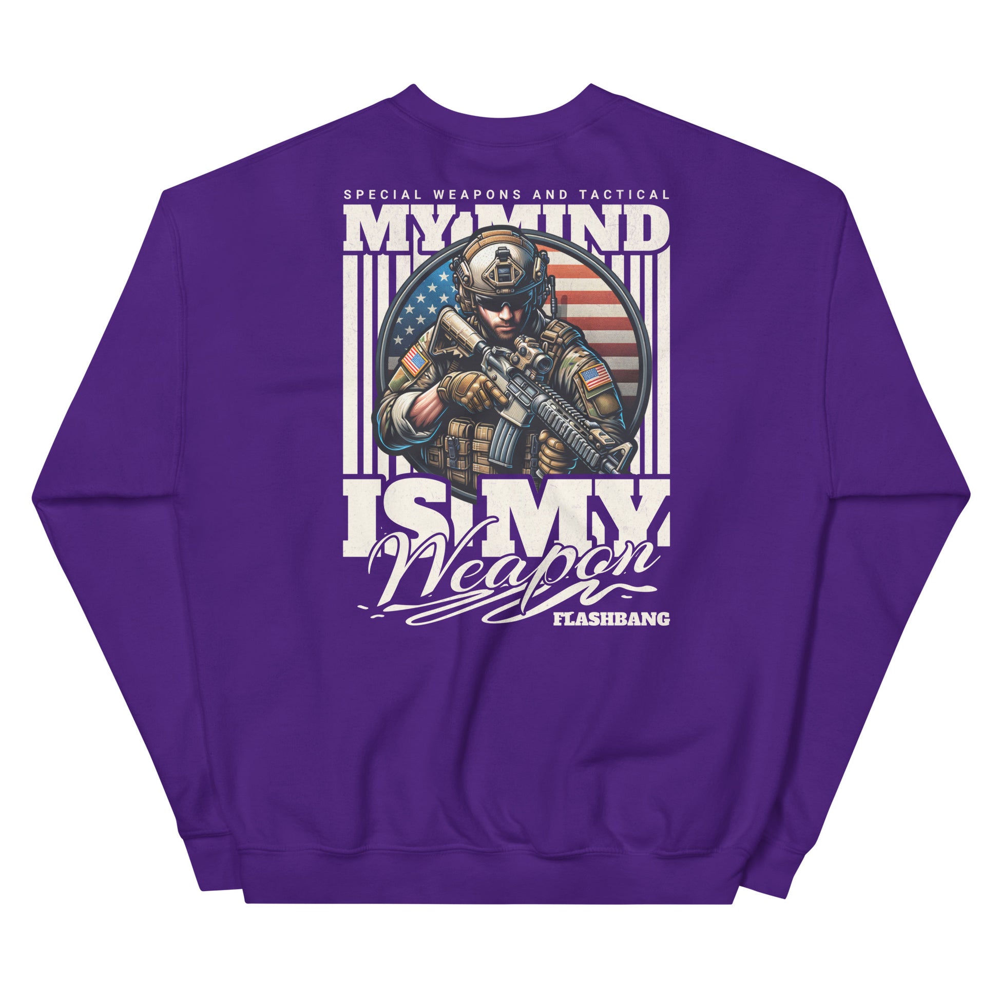 Purple sweatshirt with graphic design and text on a white background