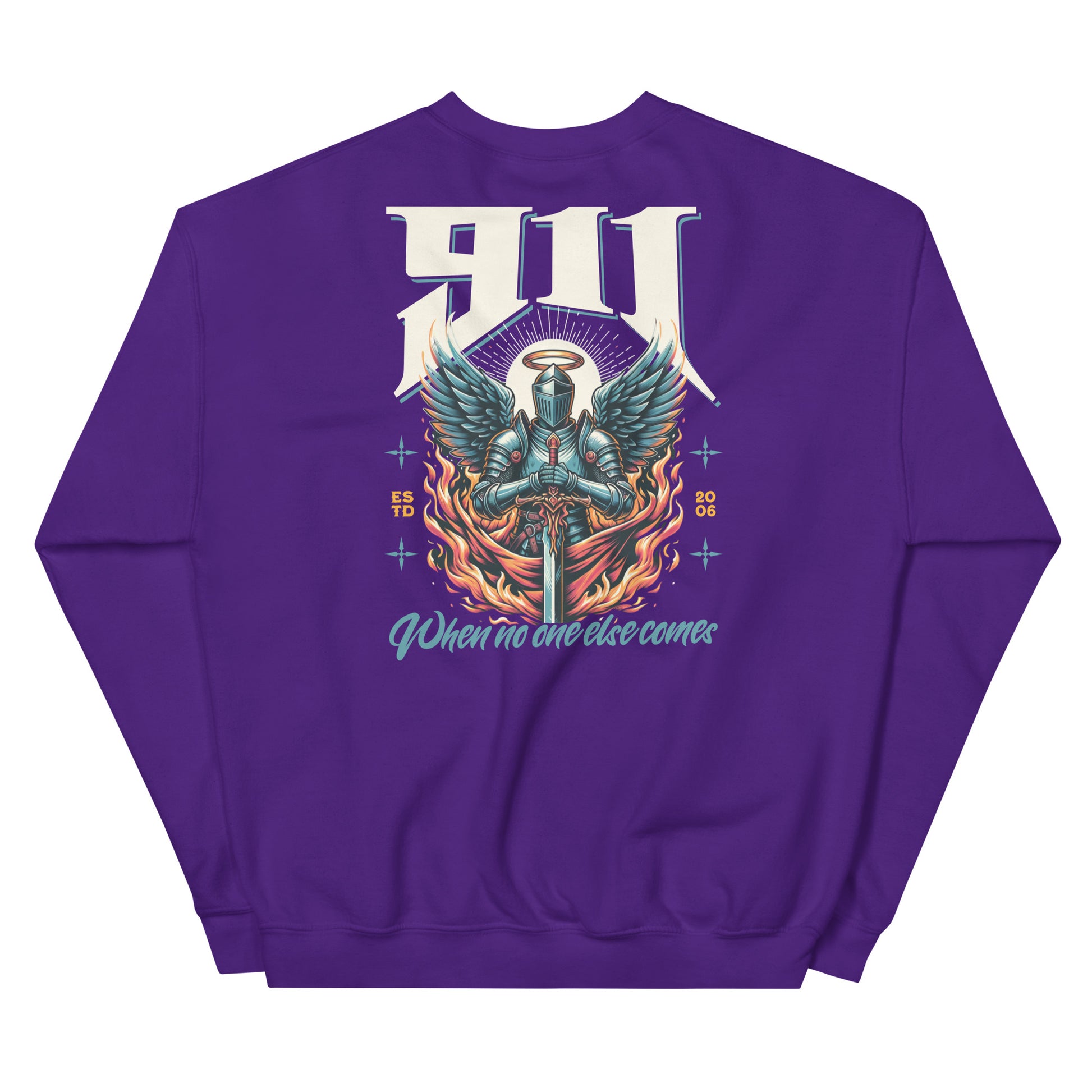 Purple sweatshirt with a graphic design of a knight and text on the back
