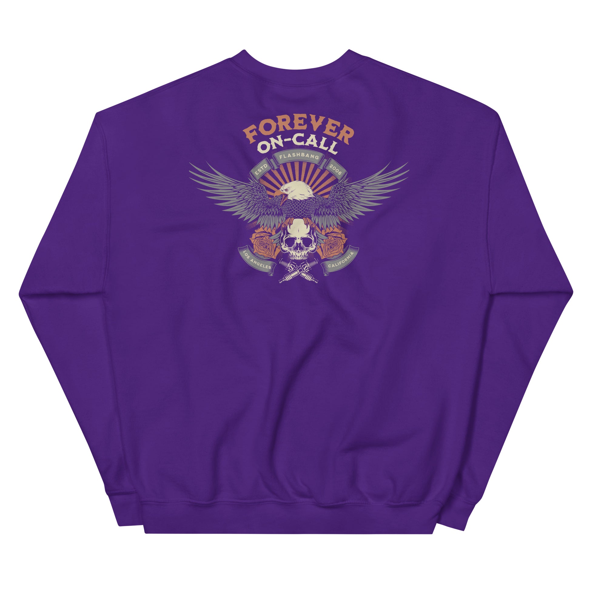 Purple sweatshirt with an eagle and skull design on the back, featuring the text 'Forever On-Call'.