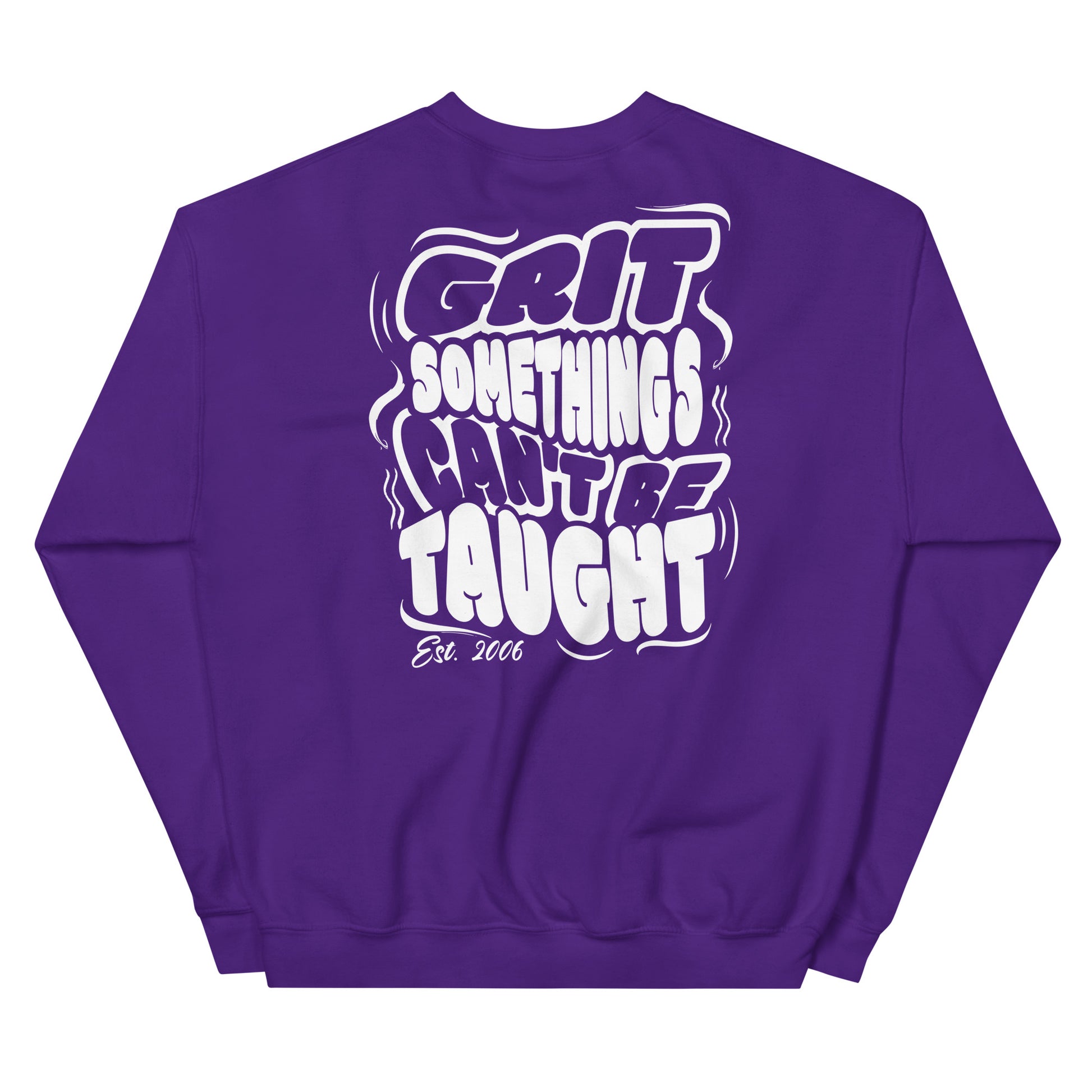 Purple sweatshirt with white text on a white background