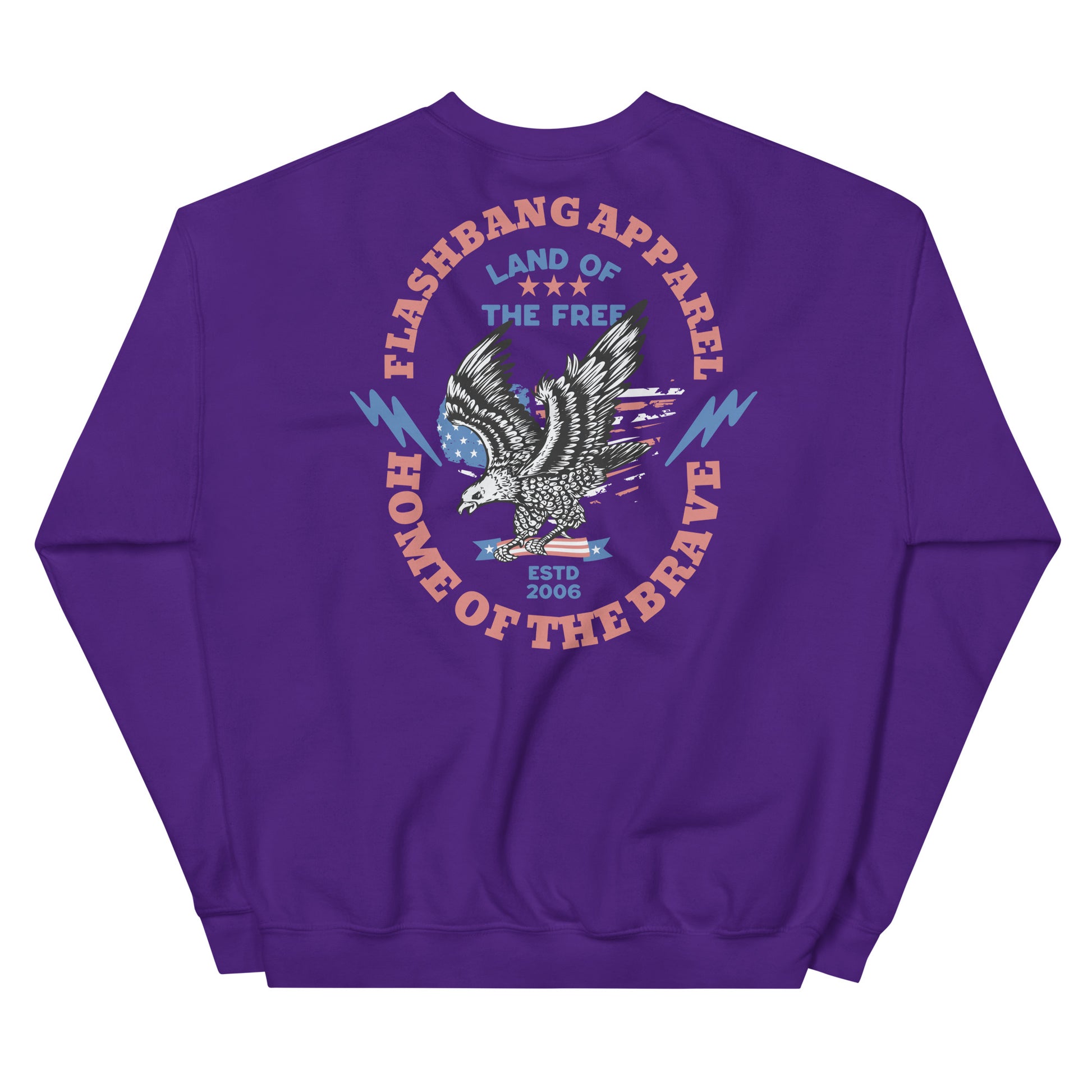Purple sweatshirt with an eagle design and text on a white background