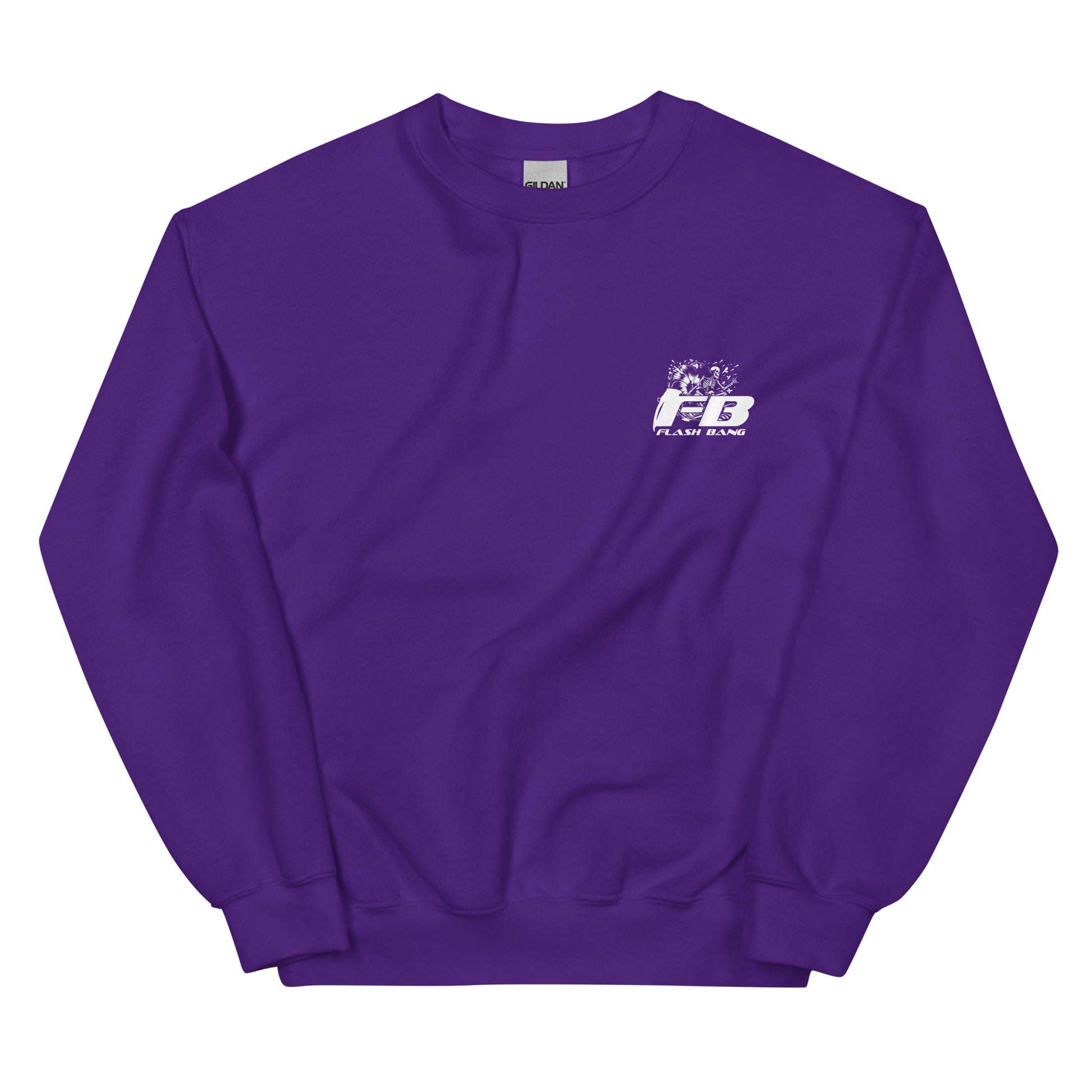 Purple sweatshirt with a logo on the chest against a white background