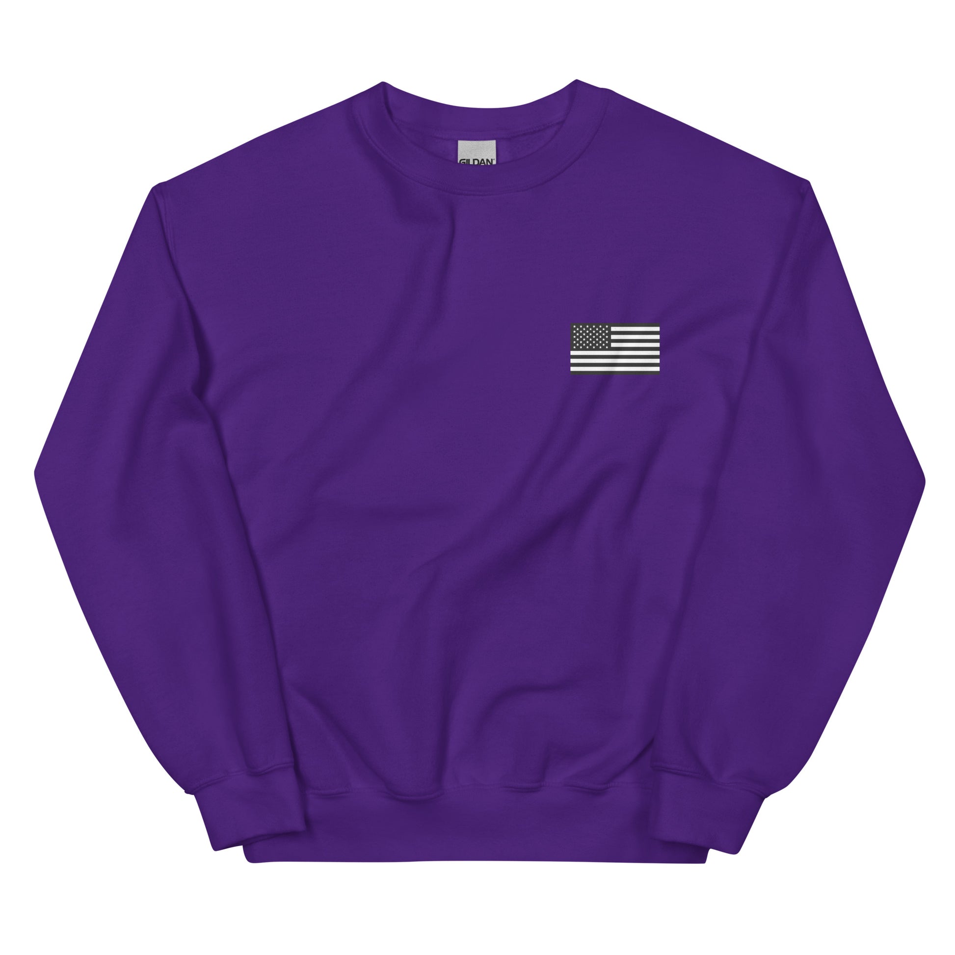 Purple sweatshirt with a small American flag patch on a white background