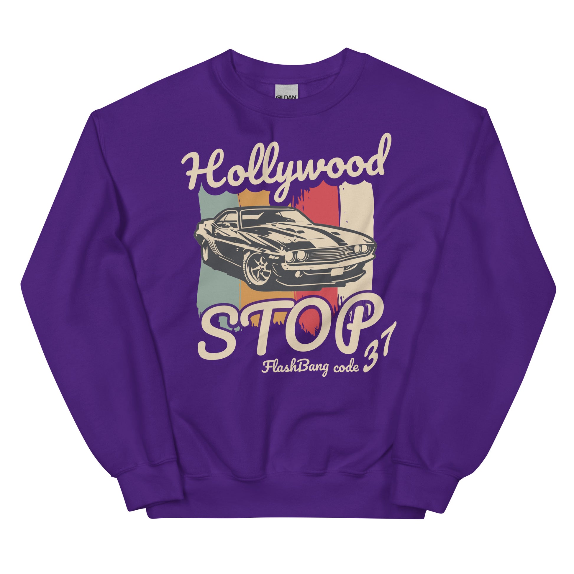 Purple sweatshirt with a graphic of a car and text on a white background