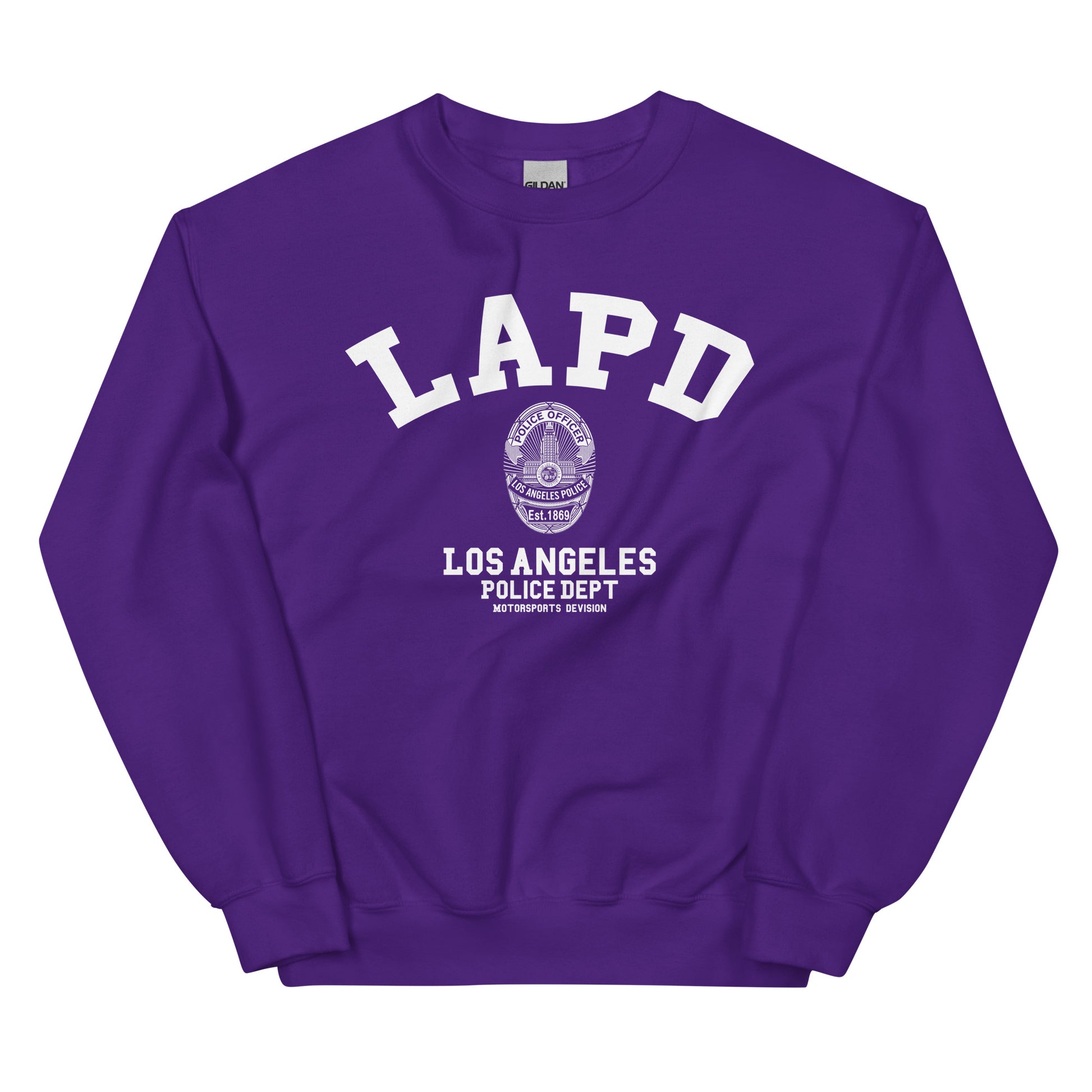 Purple sweatshirt with LAPD Los Angeles Police Dept logo on a white background