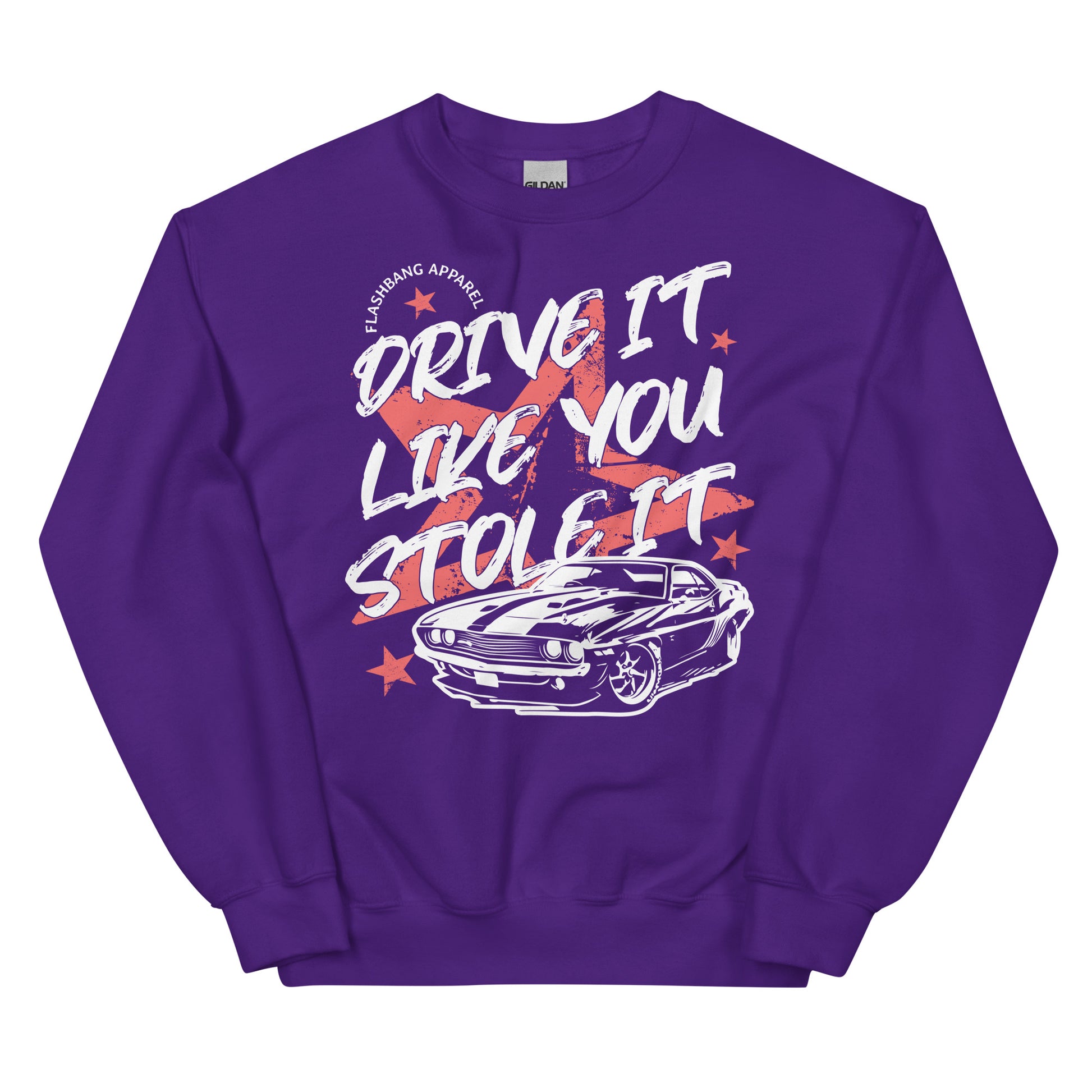 Purple sweatshirt with graphic design and text on a white background