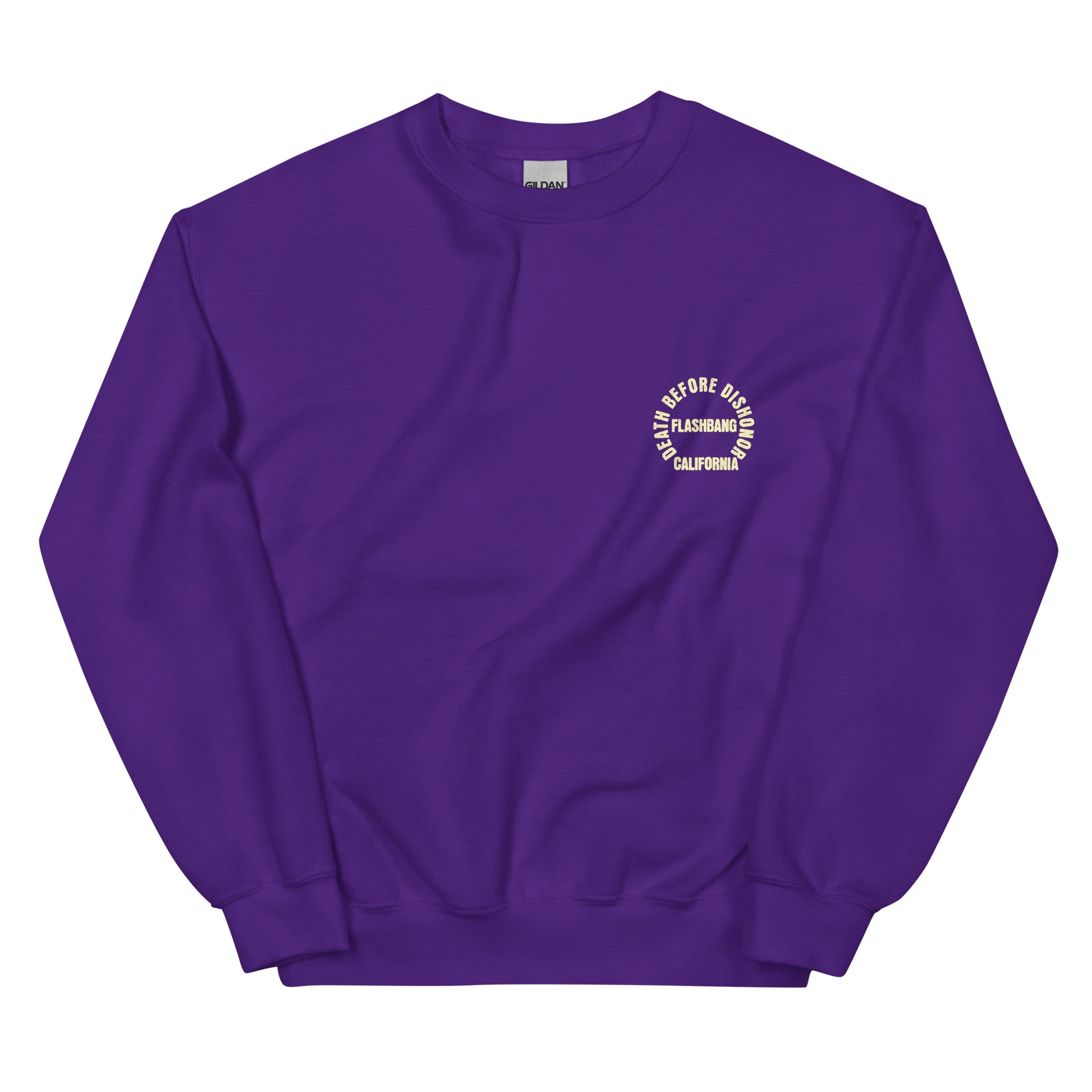 Purple sweatshirt with a logo on the chest against a white background