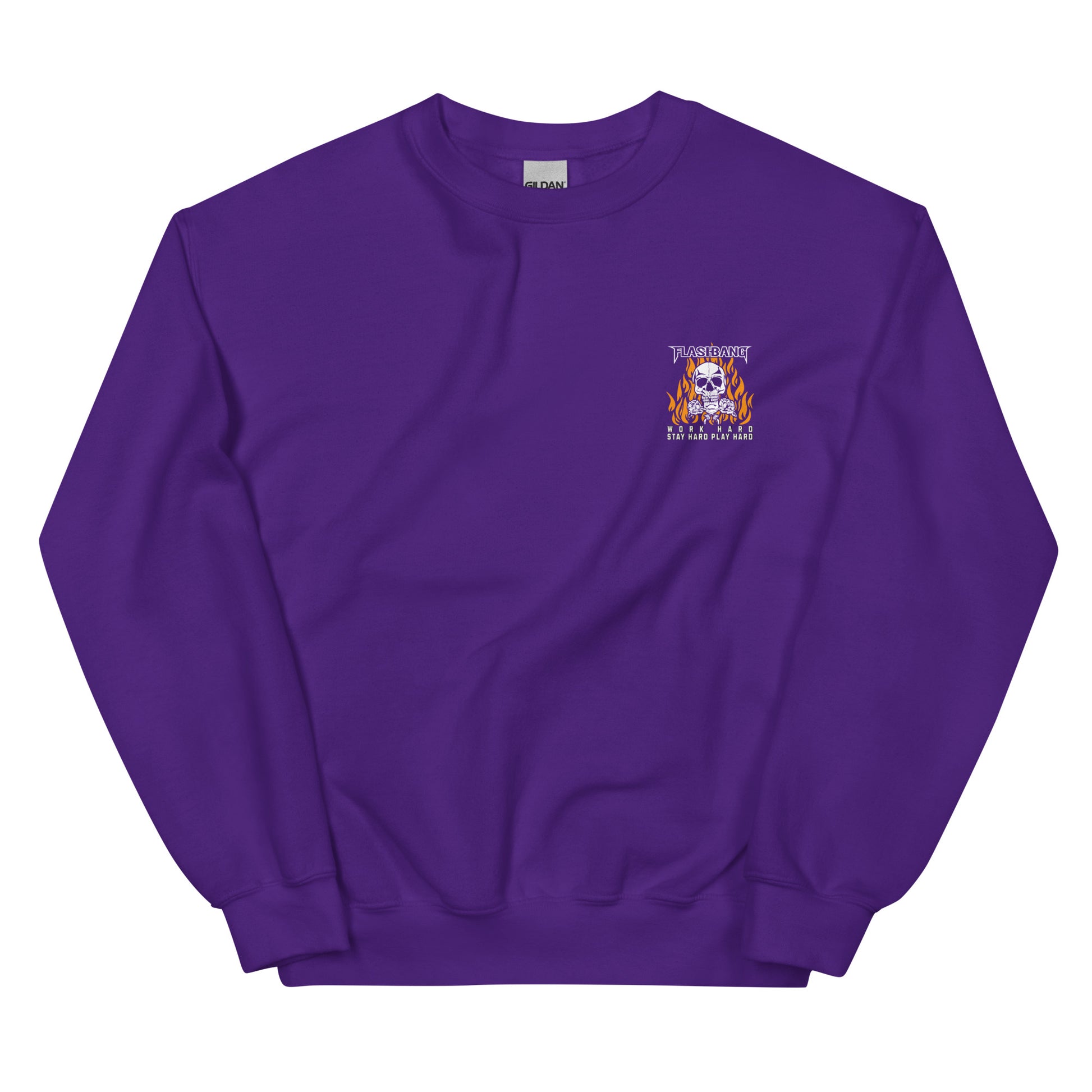 Purple sweatshirt with a small logo on the chest against a white background