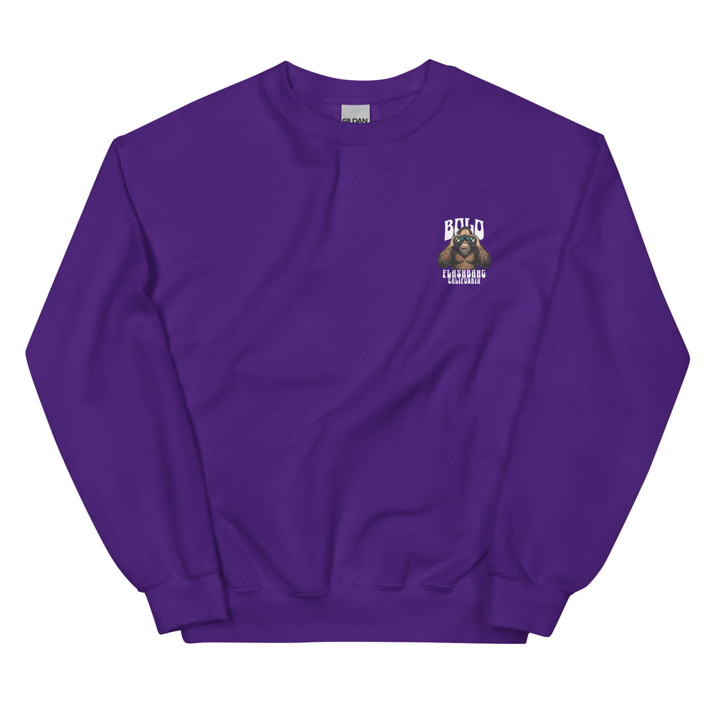 Purple sweatshirt with a graphic design on the chest against a white background